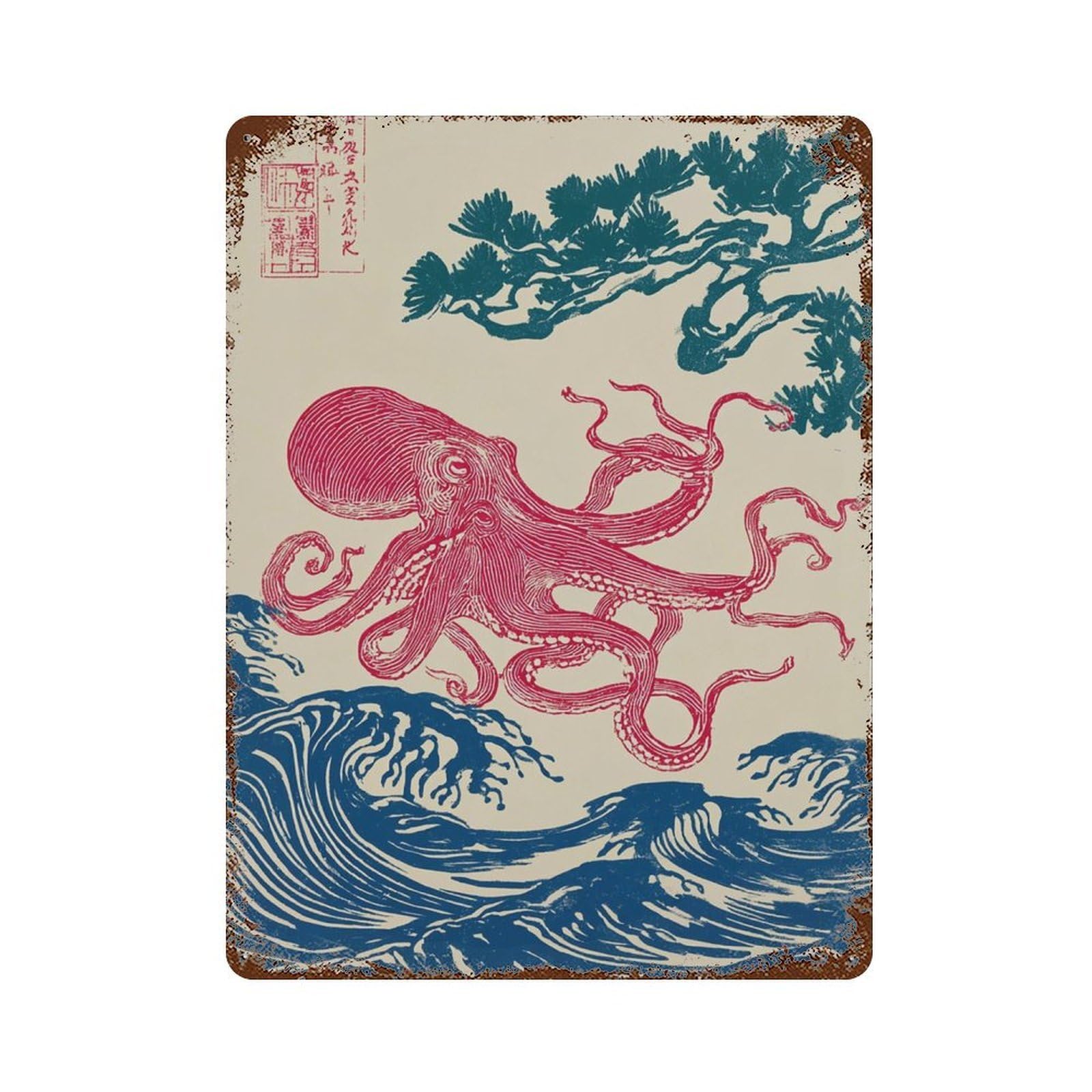 xiaoxiaoshen Octopus Japanese Style Sea Creature Red Blue Nautical Living Room Office Traditi Wall Decor Art Metal Tin Poster Modern Home Decor Art Home Bar Shop Decorations Vintage Sign 40x30cm