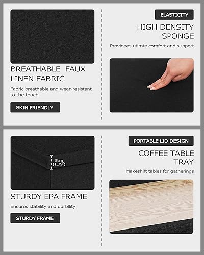 Miniatura 20 de PINPLUS Banco otomano plegable de almacenamiento con bandeja de tapa, mesa de centro otomana de 30 pulgadas, silla de cubo gris, taburete de