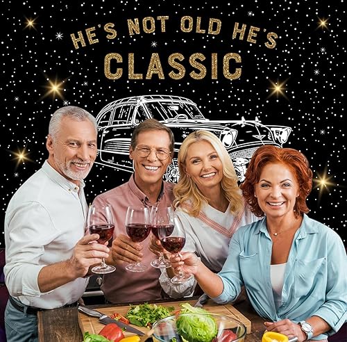 Miniatura 3 de InMemory Telón de fondo retro clásico de cumpleaños para automóvil, divertido con texto en inglés "He's Not Old He's Classic, cartel brillante negro