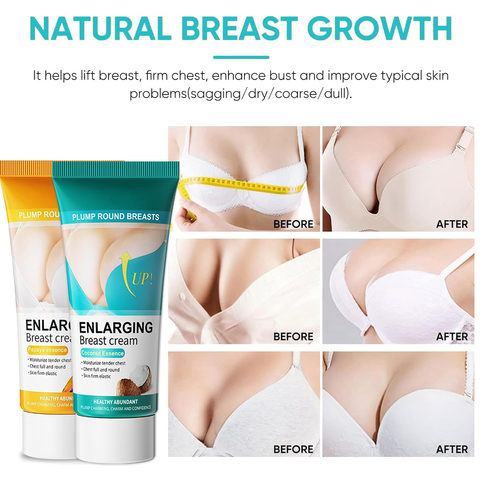 Coconut & Papaya Essence Breast Enlarging Cream, 2 x Juego de crema para el cuidado de los senos (60 g), crema de cuidado reafirmante con papaya y coco, fórmula natural para contornos femeninos