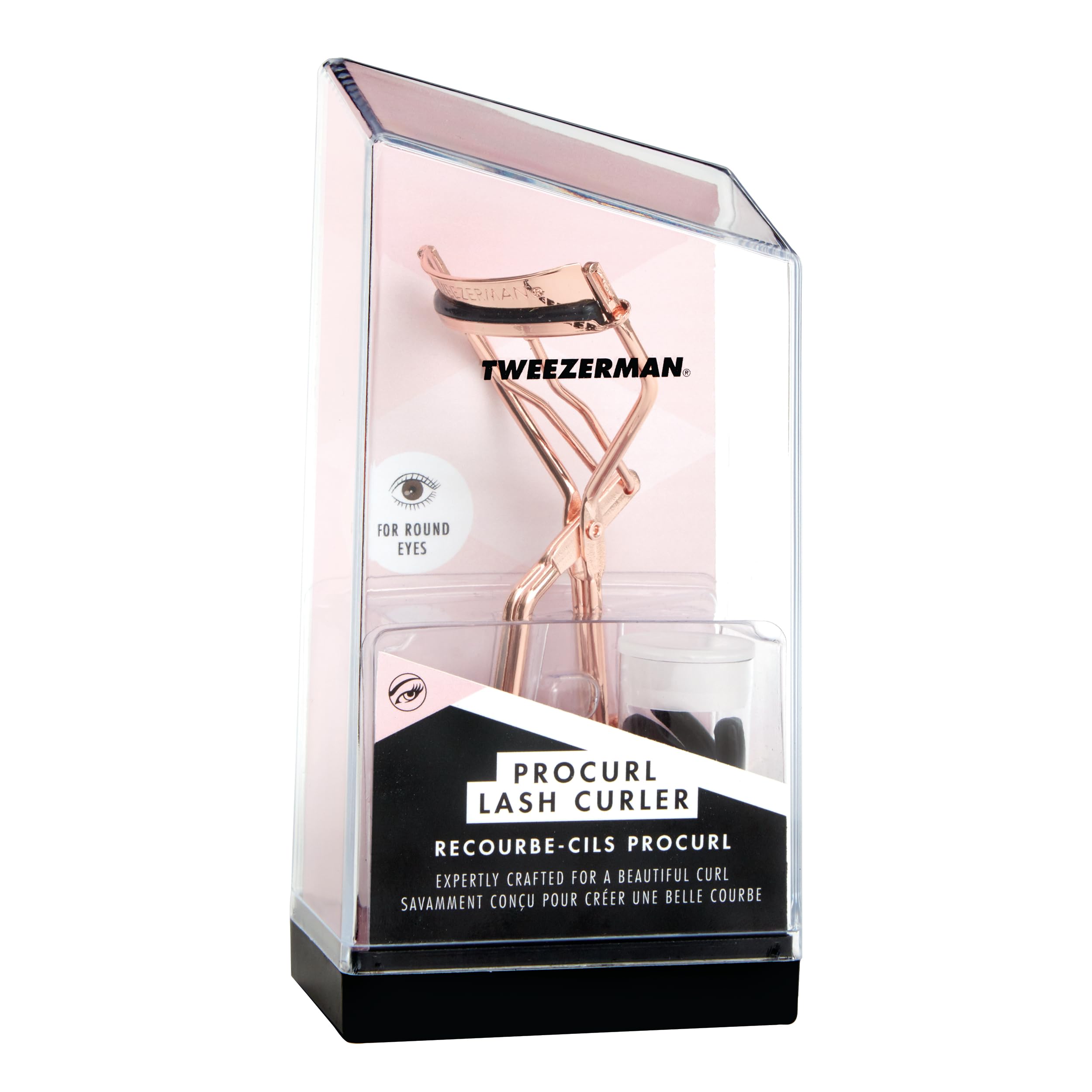 TWEEZERMAN Zalotka do rzęs ProCurl & ProMaster (do oczu okrągłych i migdałowych, z trzema zapasowymi gumkami, stal nierdzewna)