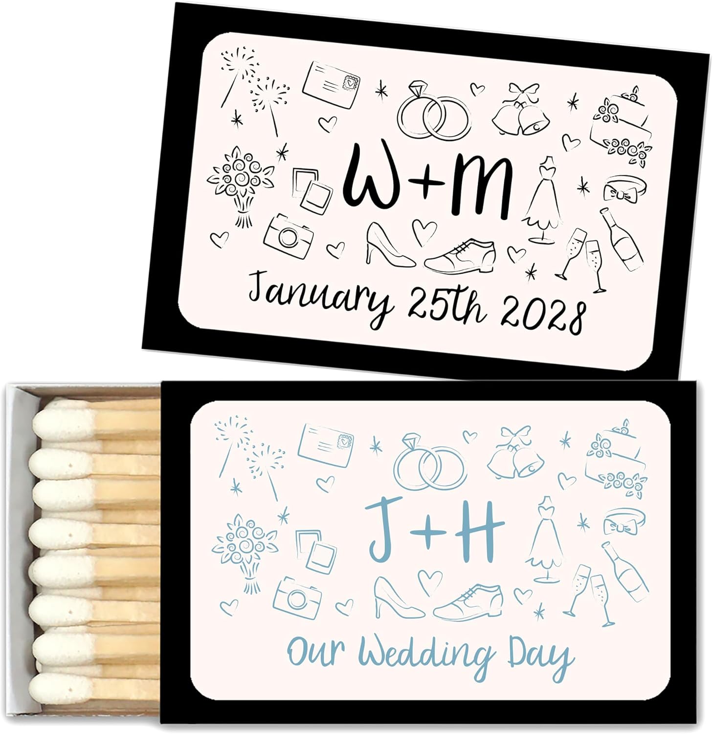 Hand Drawn Wedding Matches, Personalized Matches for Wedding Favors - Custom Wedding Matches (Set of 50 Matchboxes) (Black Box)