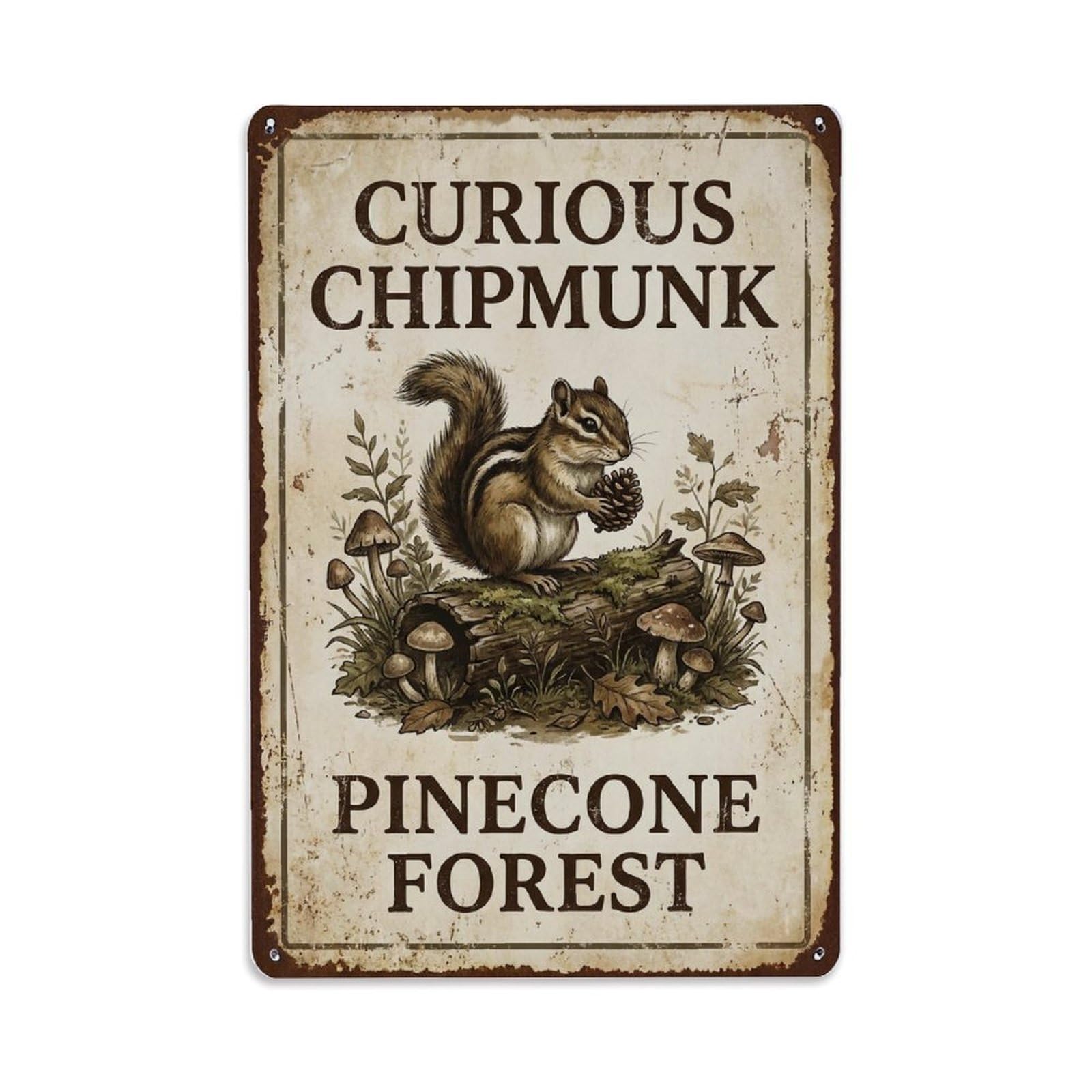 Fqnyr Style Curious Chipmunk Pinecone Forest Floor Metal Tin Sign Plaque Wall Decor For Cafe, Club Bar, Office, Home Garden Metal Poster 8X12inch