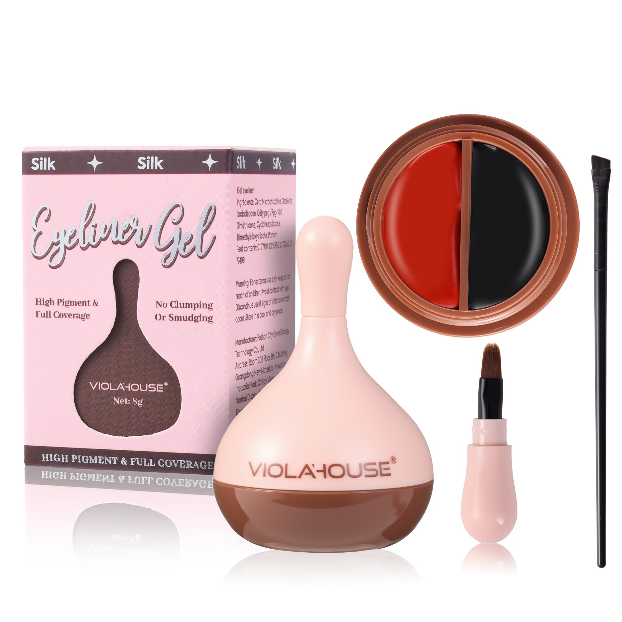 VIOLA HOUSE Dual Color Eyeliner Gel - Waterproof, Smudge - Proof, Wet & Dry Use, Multi - Use as Brow Gel, with Eyeliner Brush for All Makeup Need, 8g (Black Red)