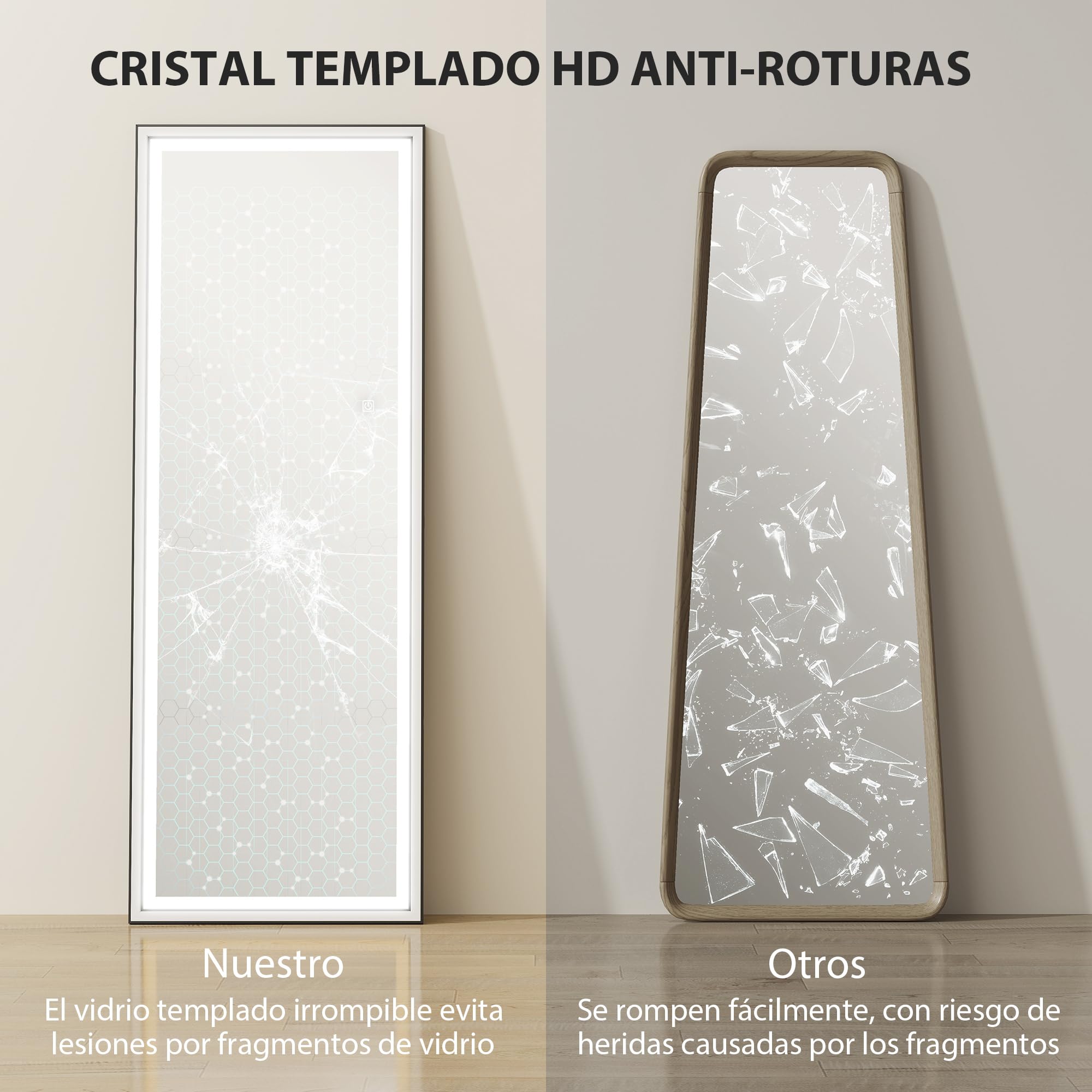 HOMCOM Espejo de Pie Cuerpo Entero con Luces, 165x60 cm, Espejo de Cuerpo Entero, 3 Temperaturas de Color, Brillo Ajustable, Independiente, Apoyado y de Pared, para Dormitorio, Salón, Blanco y Negro