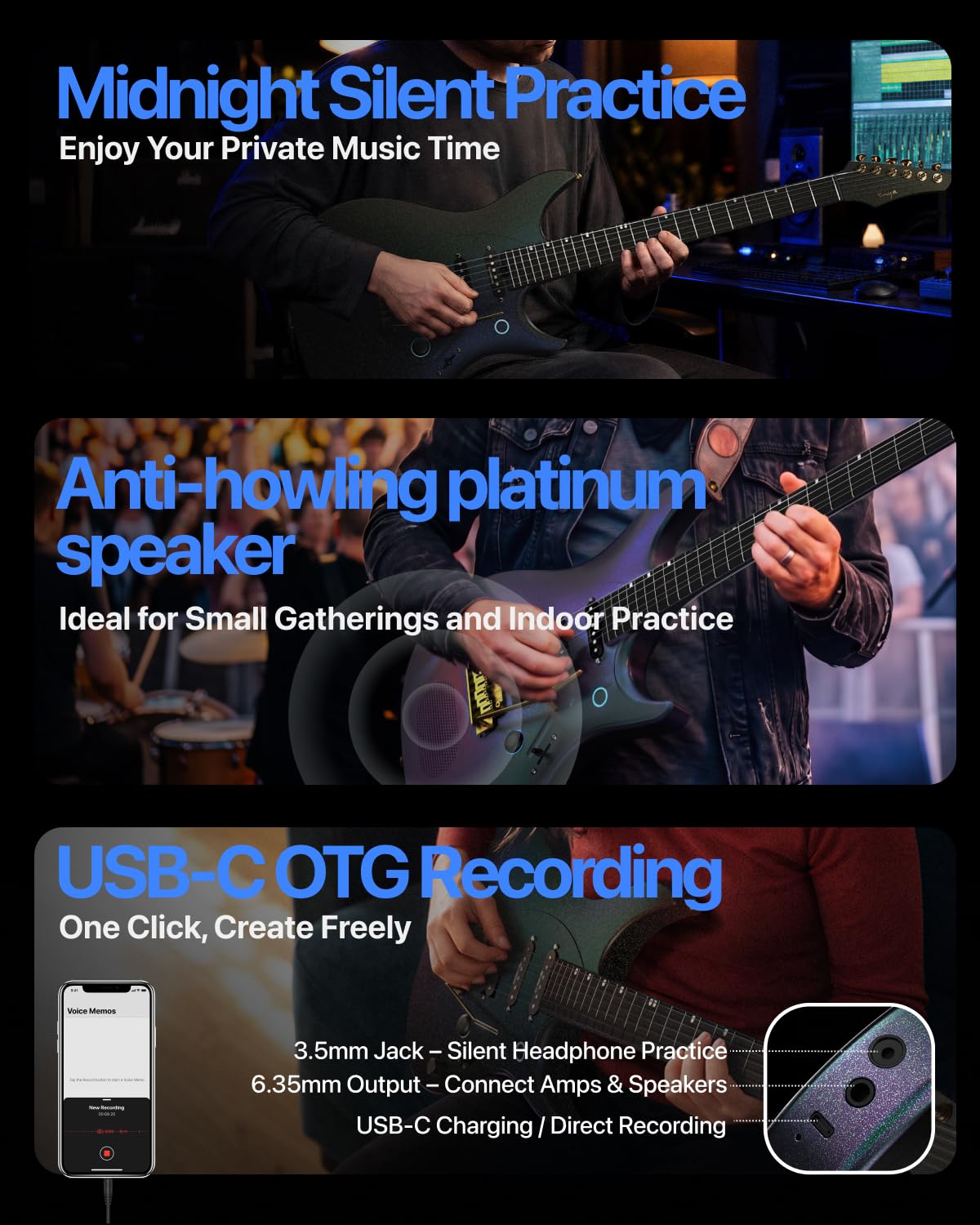 ENYA INSPIRE PRO AL Chitarra Elettrica con Pickup APEX LAB | Altoparlante 20W anti-larsen, corpo carbonio 39", 64 preset, looper, accordatore, barra tattile, per suono silenzioso e live.