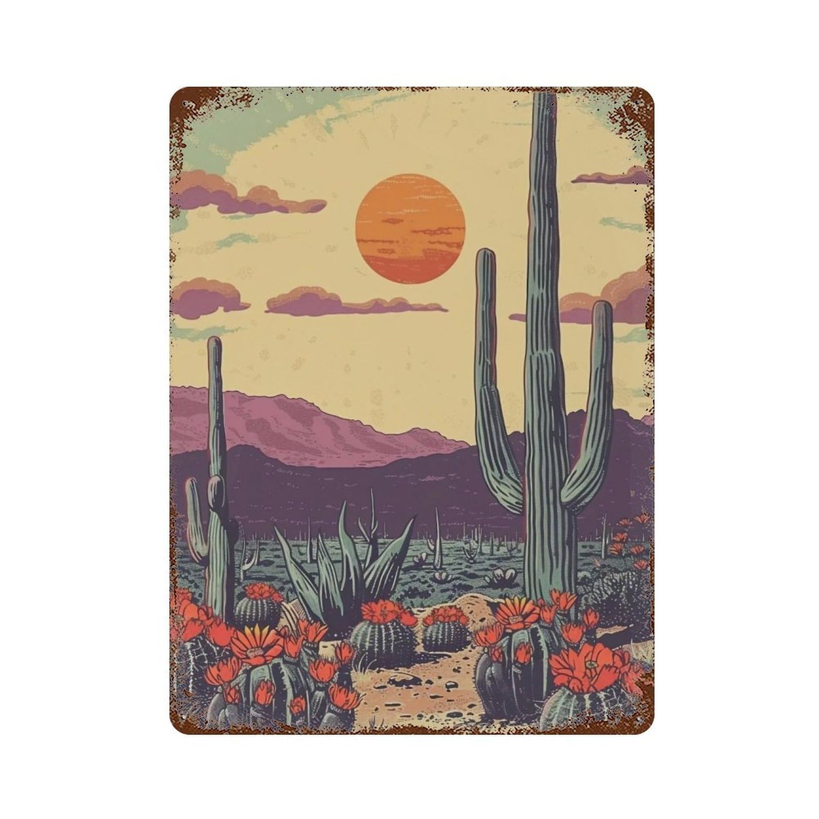 Wujhgrsg Style Retro Flat Sunset Saguaro Desert Floral Vista 01 Wall Art Retro Iron Vintage Metal Tin Sign Poster Modern Decor For Home Cofffee Club Bar Shop 40X30cm