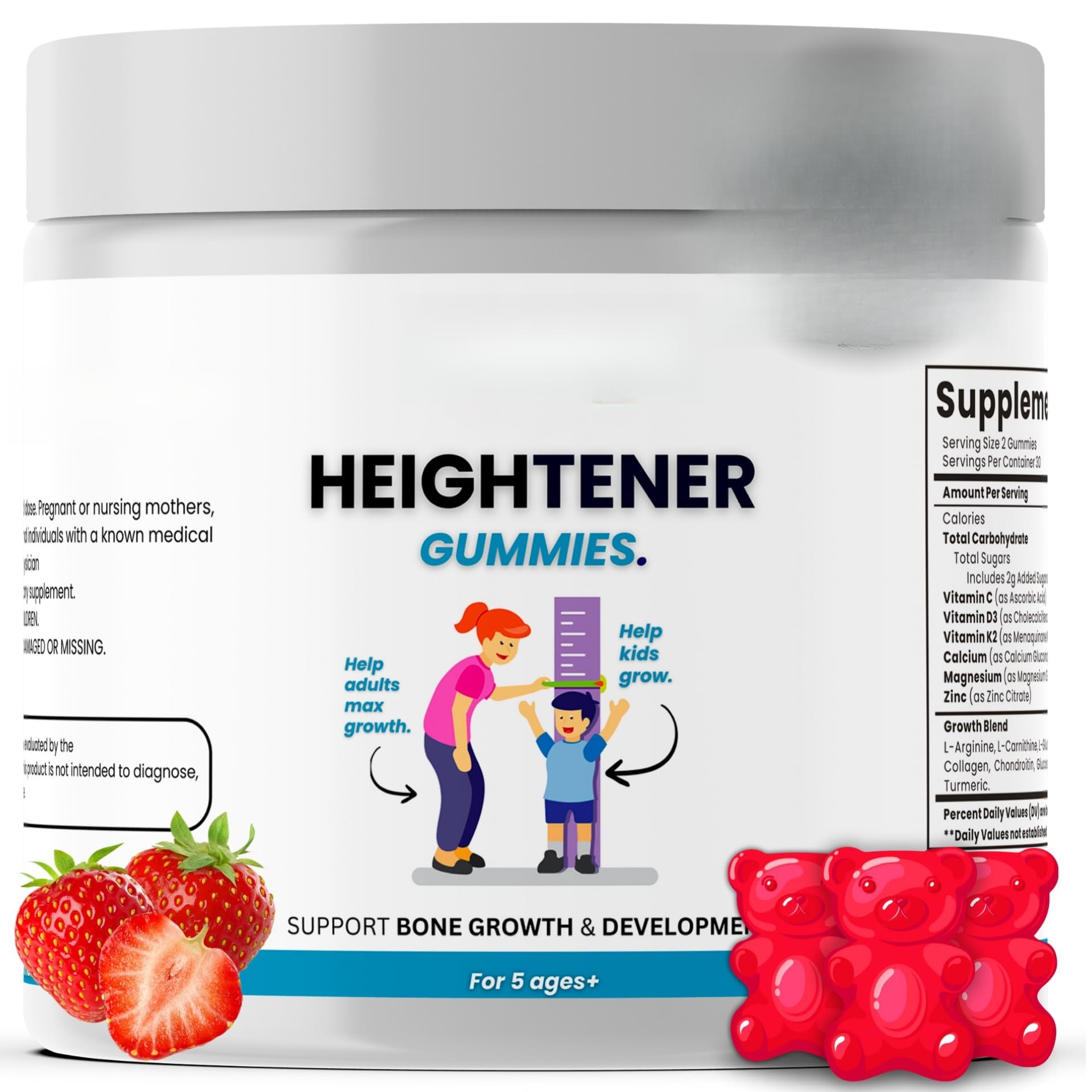 Gomme per la crescita naturale, integratore per il supporto dell'altezza con L-arginina, calcio e zinco, vitamine per la forza ossea per bambini, adolescenti e adulti, 60 unità