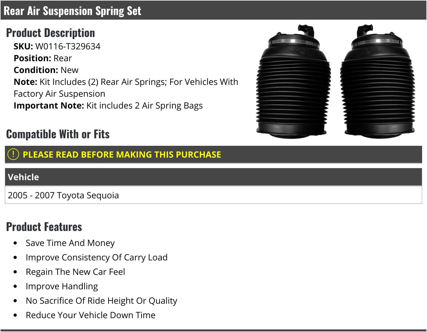 Marketplace Auto Parts Rear Air Suspension Spring Set of 2 - Compatible with 2005-2007 Toyota Sequoia with Factory Air Suspension