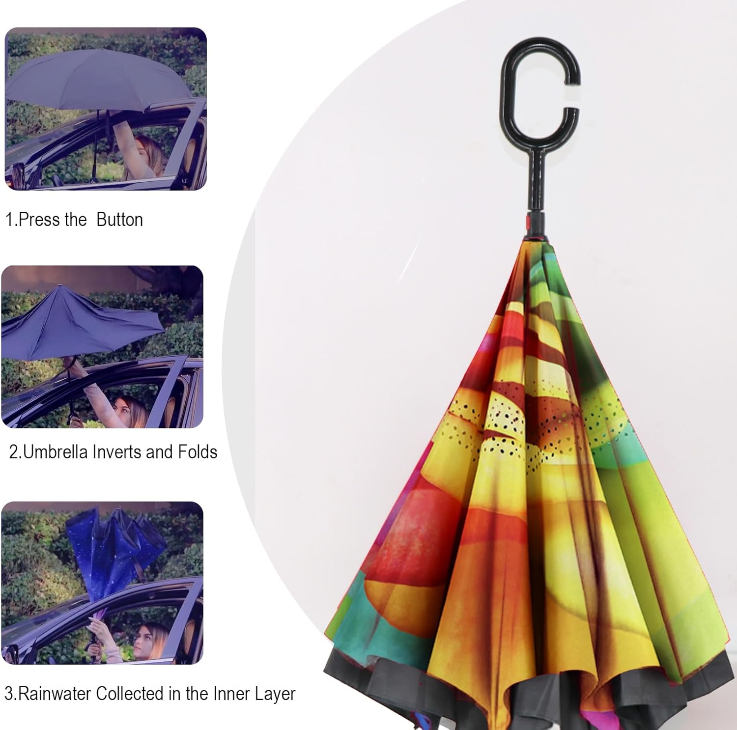 SIEPASA 49/56 Inch Inverted Reverse Upside Down Umbrella, Extra Large Double Canopy Vented Windproof Waterproof Stick Golf Umbrellas with C-shape Handle. - Image 6