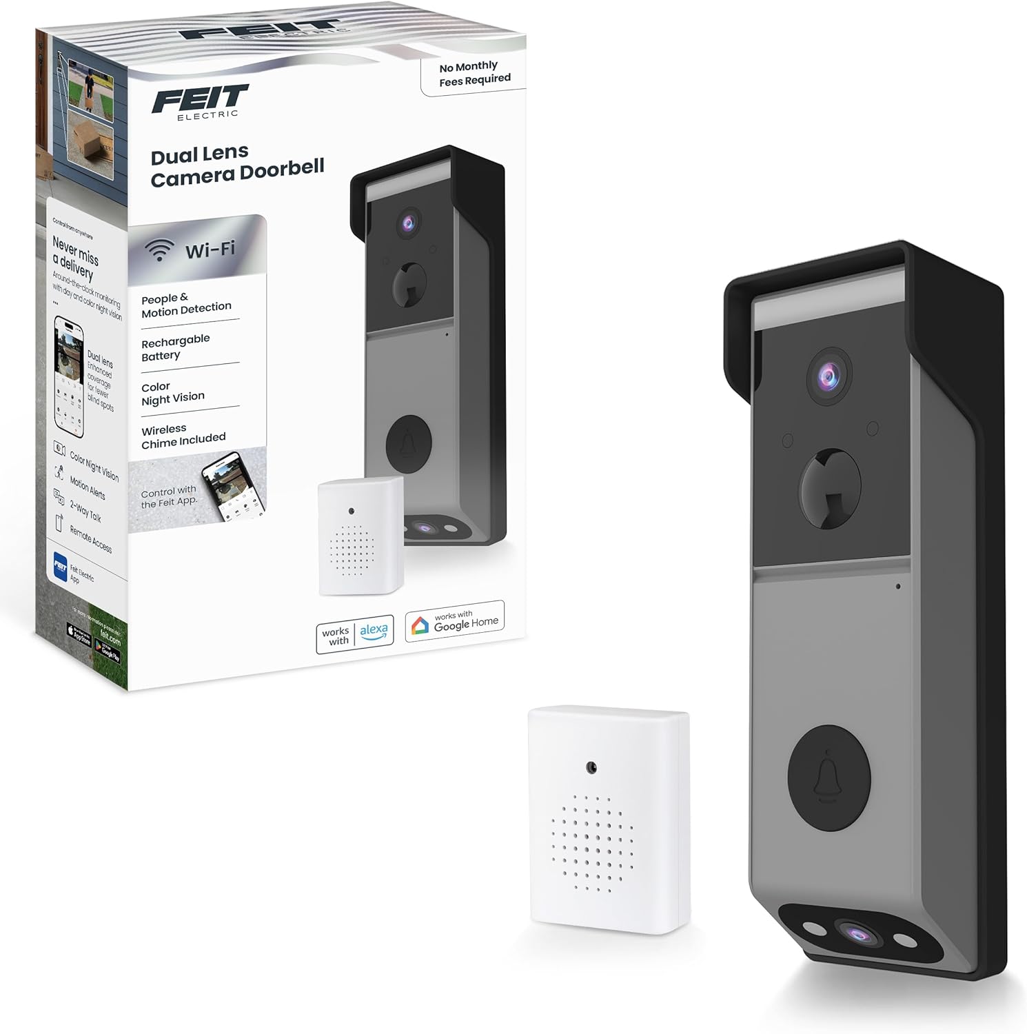 Feit Electric Smart Wireless Doorbell w/Dual-Lens 1080p HD Camera, 24/7 Local Recording, Night Vision, Voice Assistant, AI Detection for People & Packages, Includes Wireless Chime, CAM2/DOOR/WIFI/BAT