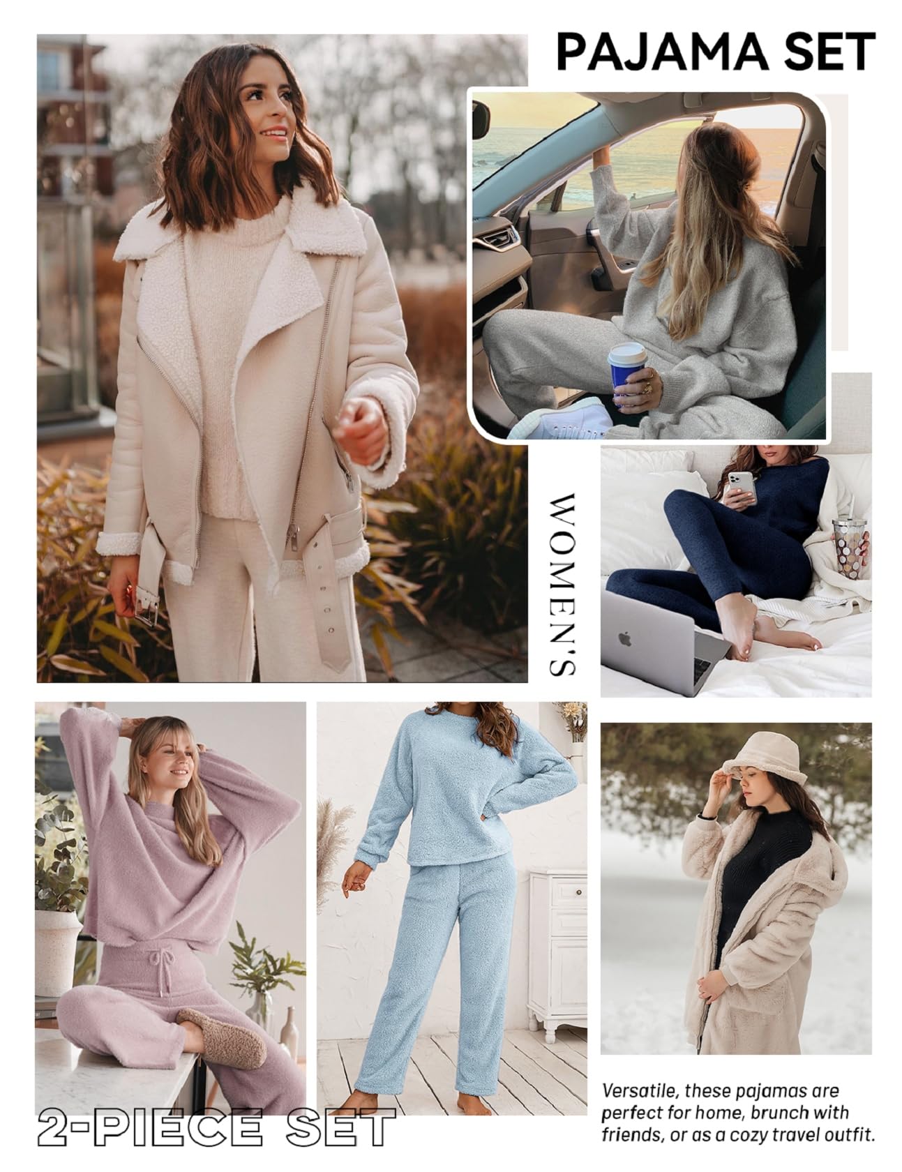 Ensemble de pyjama 2 pièces en polaire pelucheuse pour femme - Ensemble de détente chaud à manches longues en tricot - Pull et pantalon