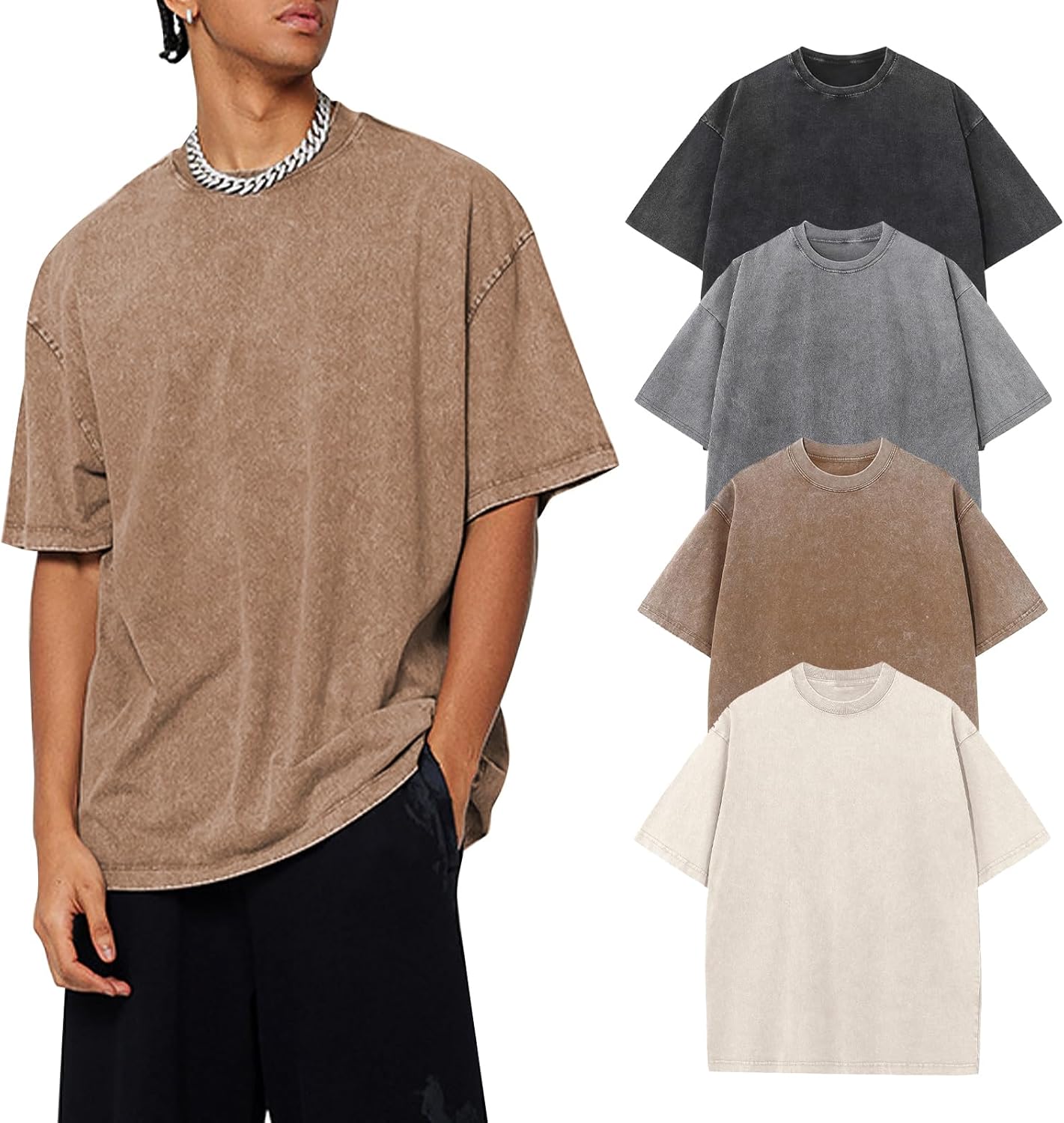 4 Pack Oversized Tshirts for Men Mens T Shirt Vintage Graphic Tees Cotton Heavyweight Acid Wash Comfort Colors Tees(BlackGreyKhakiBeige-L)