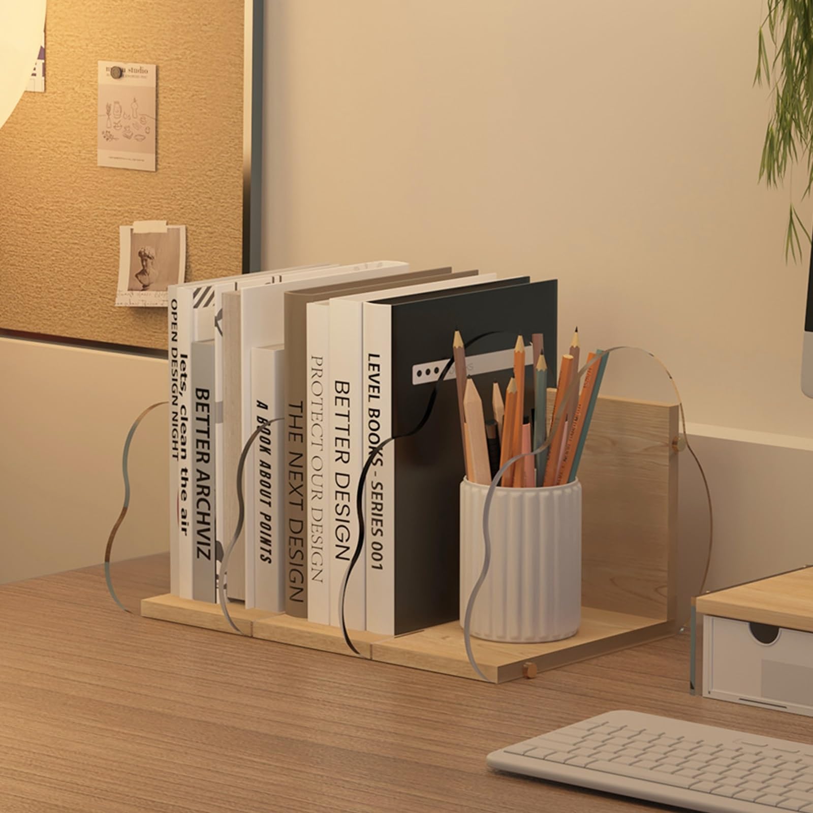 Scaffale portaoggetti da scrivania, organizer per scatole portaoggetti, portapenne da scrivania per ufficio, libreria in legno, scaffale scrivania, libri vari(Clear,35cm)