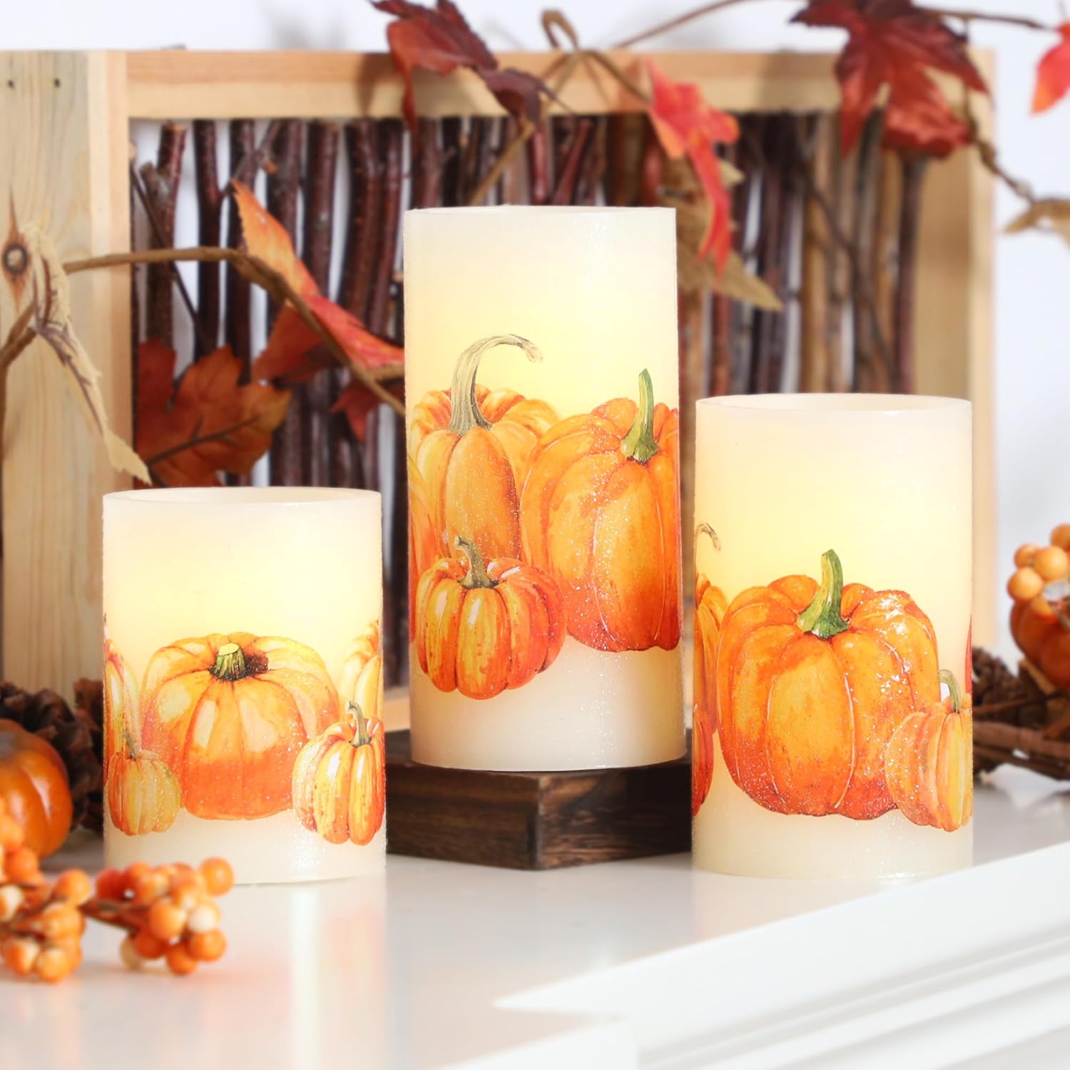 Fall Flameless Candles, Autumn Harvest Pumpkin LED Candles, Battery Operated Flickering Candles with Remote & Timer, Real Wax Pillar Candles for Thanksgiving, Home Decor