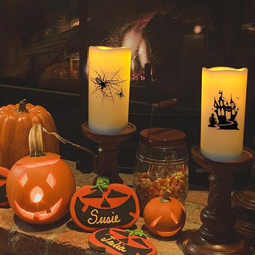 Miniatura 5 de Paquete de 2 velas LED de Halloween a pilas de 3 x 6 pulgadas, diseño de castillo de araña, velas parpadeantes sin llama de plástico con