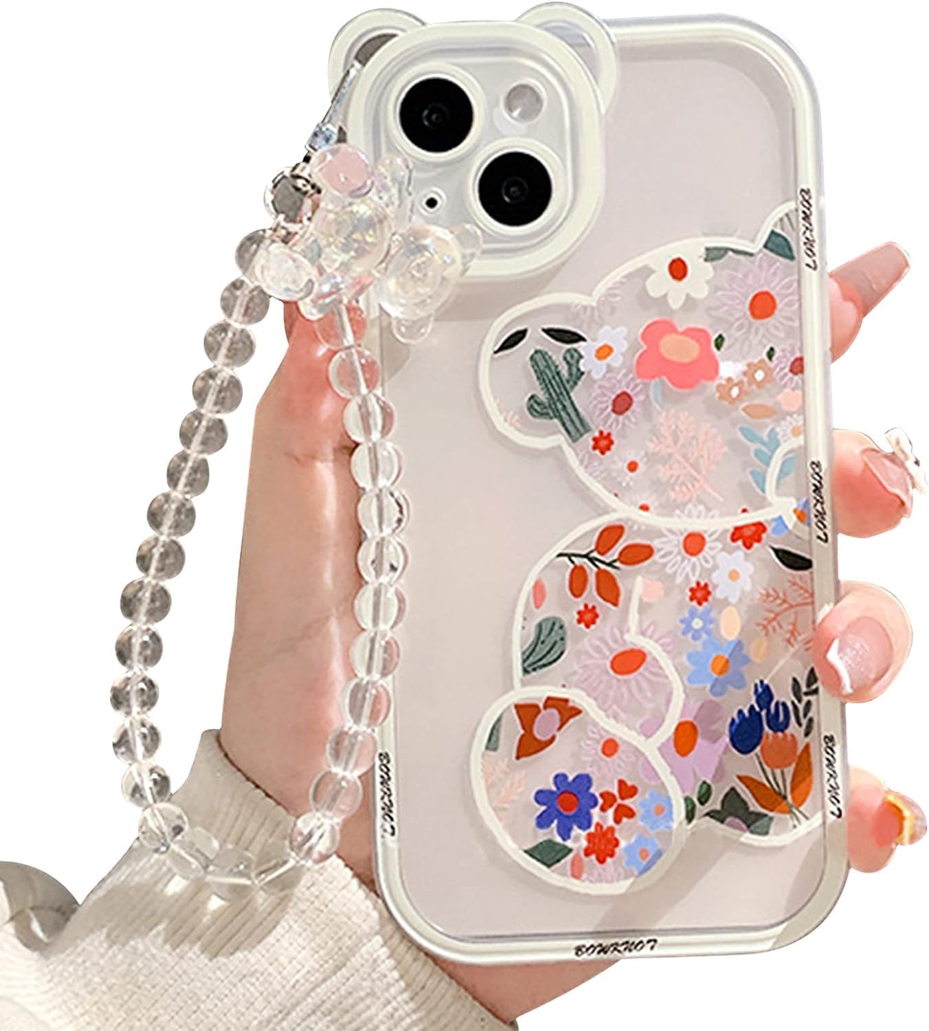 Pretaco for iPhone 13 pro Case Clear Cute Flower Bear with Pearl Chain for Girls with Bear Ears Soft TPU Shockproof Protective Girly -Flower Bear