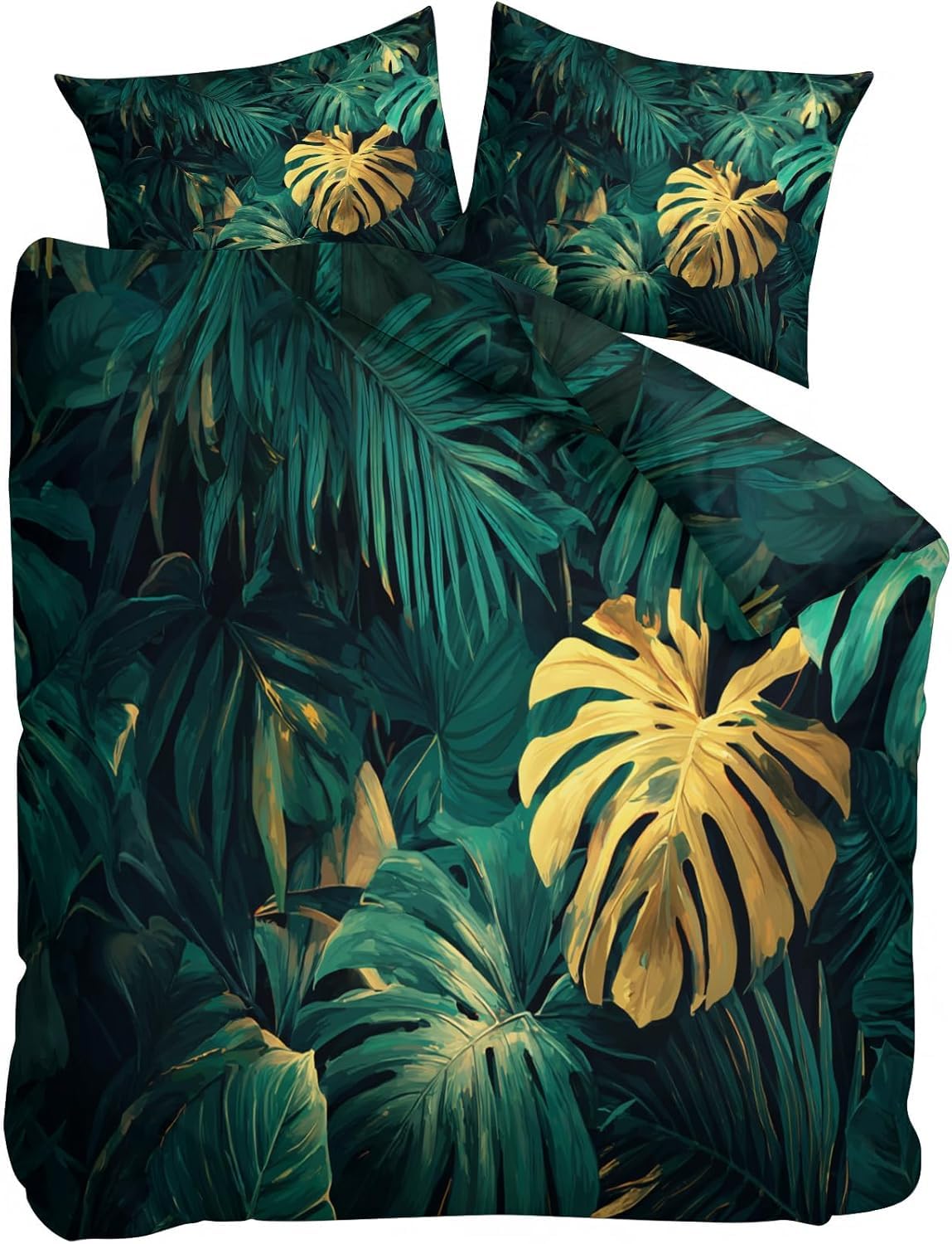 Funda Nórdica Cama 180 Hojas De Monstera y Palmera Reversible Funda de Edredón 135 x 200 cm Follaje Selvático Juego de Ropa de Cama 3 Piezas en Microfibra Transpirable con Cremallera y 2 Fundas d-87