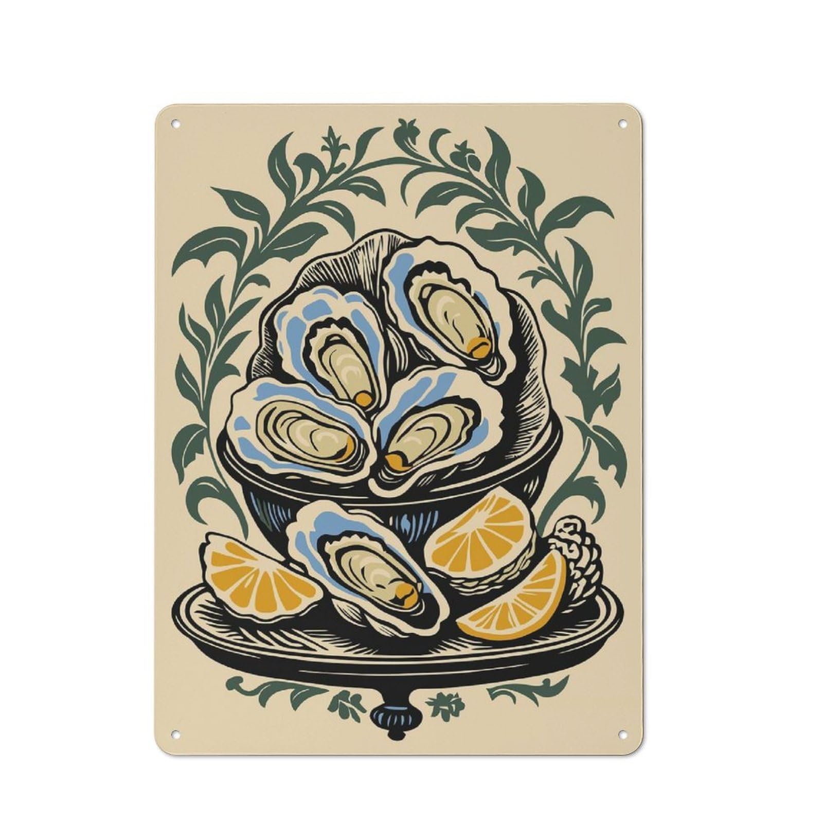 Junmoney Style-14 Oysters And Lemons Still Life Illustration Everyday Metal Wall Decor 40X30cm, Decorative Tin Plaque For Flat, Dorm Room, Lounge Or Cafe