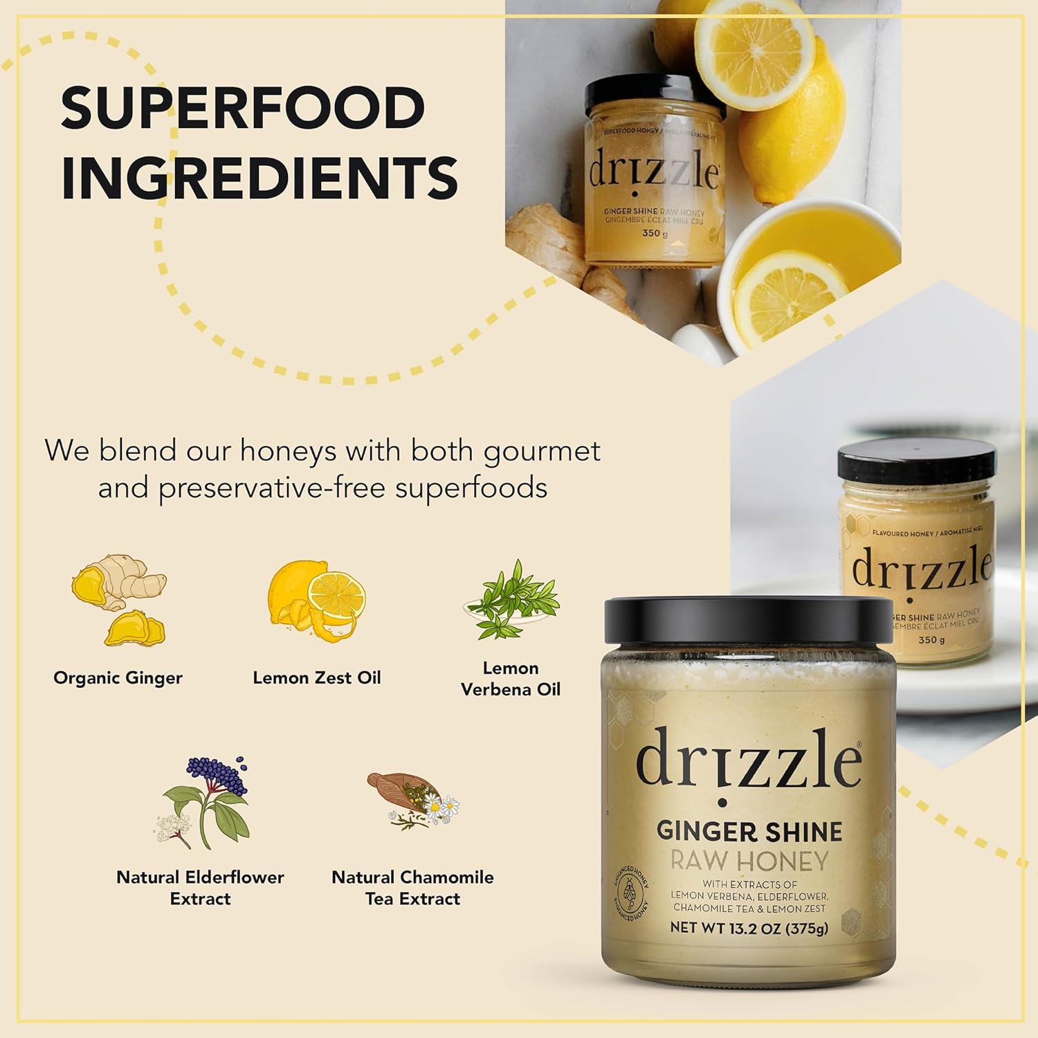 Drizzle Ginger Shine Raw Honey - All Natural Pure Raw Honey with Organic Ginger, Unfiltered & Unheated, Use in Tea & Coffee, Sugar Substitute, Certified Kosher - 13.2 oz Jar (375 g)