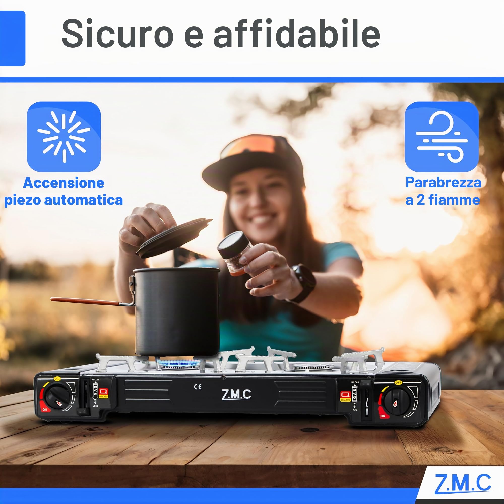 ZMC Fornello a Gas da Campeggio con 2 Faretti, Adattatore GPL, Valigetta di Stoccaggio e Ferro - Compatibile con Cartucce da 227 g