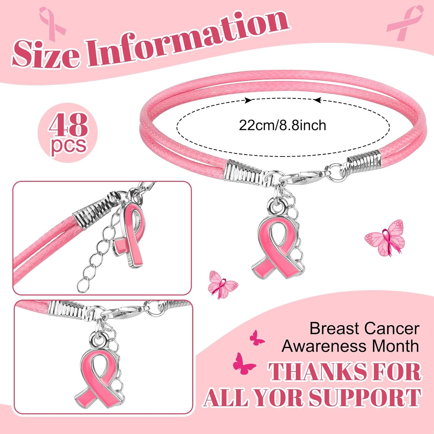 24/48 Pcs Breast Cancer Awareness Bracelets Bulk Breast Cancer Gifts for Women Pink Ribbon Lapel Pins Cord Bracelets Inspirational Wristband Accessories for Survivor Gifts Party Favor - Image 3