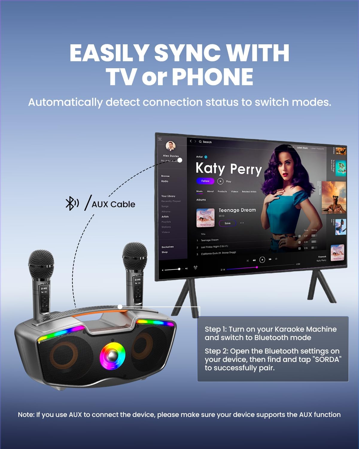 Bluetooth Karaoke Machine for Adults & Kids, 80W Portable Speaker with 2 Wireless Microphones, Echo Adjustment, Support USB/AUX/TF Card, for Outdoor/Indoor Gathering Gifts (Gray) - Image 7