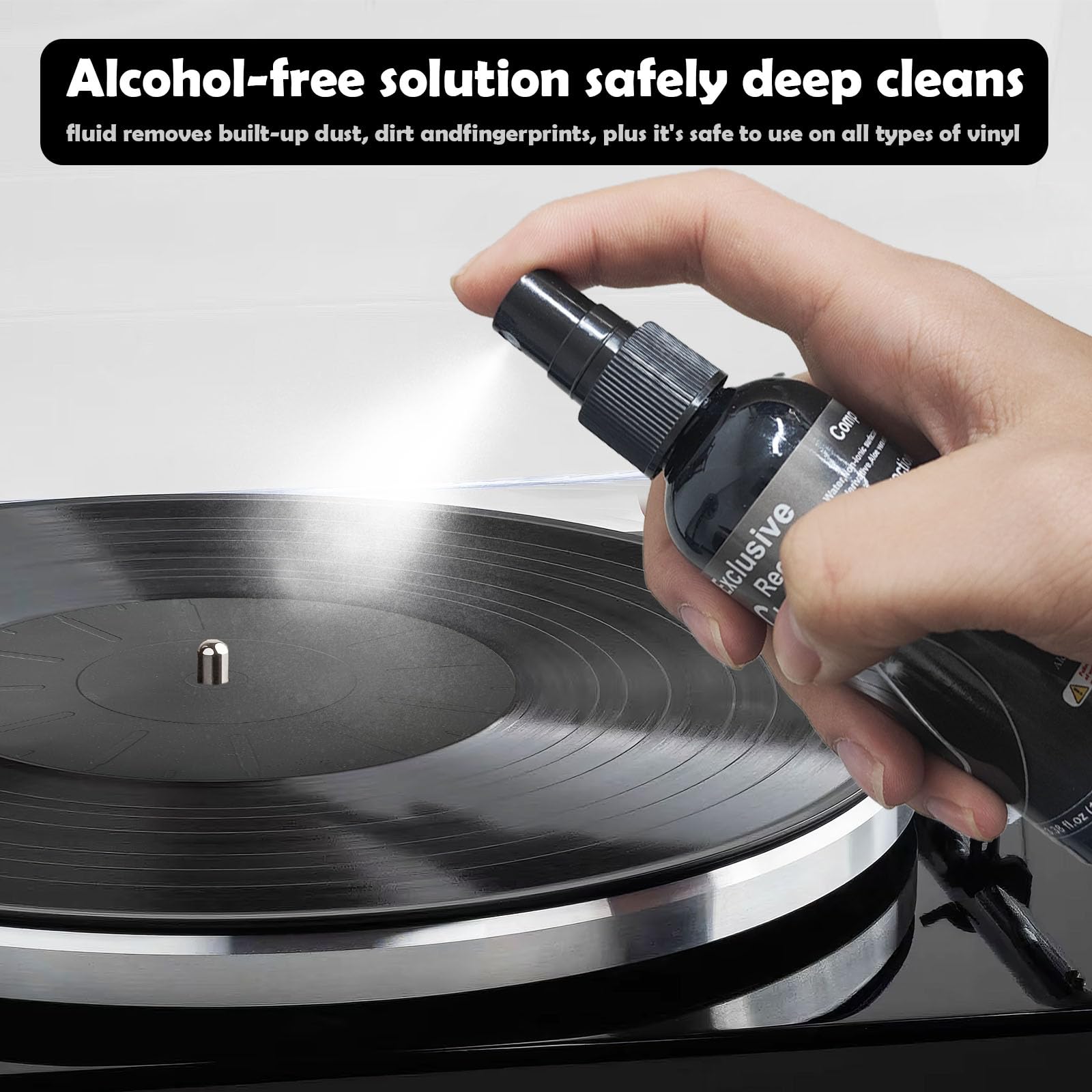 Kit de limpieza de discos de vinilo – Kit completo de limpieza de discos de vinilo 4 en 1, limpiador de discos de vinilo de 100 ml, cepillo de registro de terciopelo suave, cepillo de mango