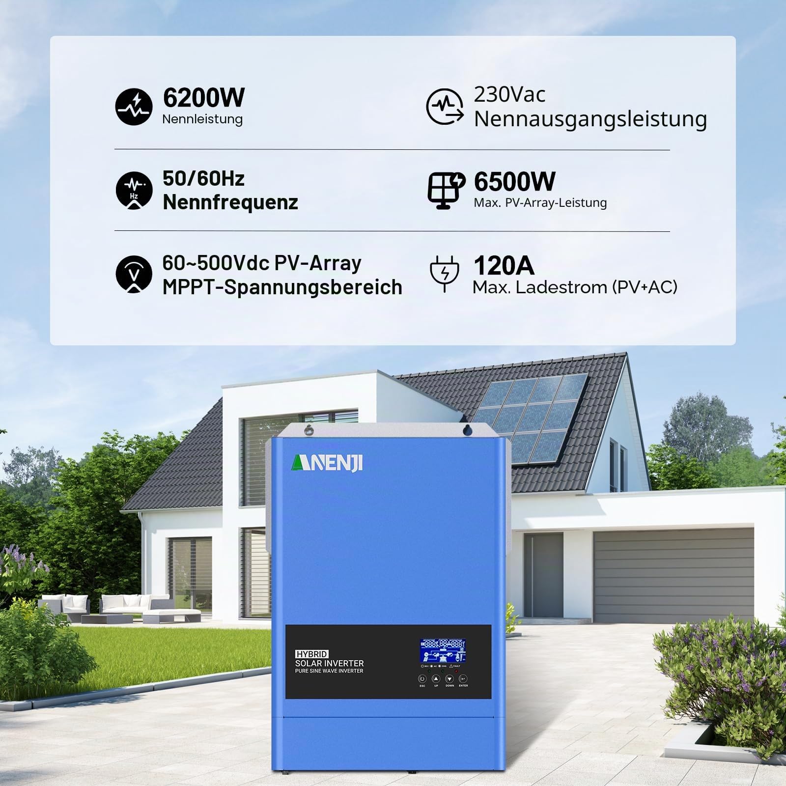 Hybrid-Solar-Wechselrichter 6200 W, 48 V DC auf 230 VAC, Reiner Sinus-Wechselrichter mit 120 A MPPT-Solarladeregler, maximale Eingangsspannung PV 500 V, für