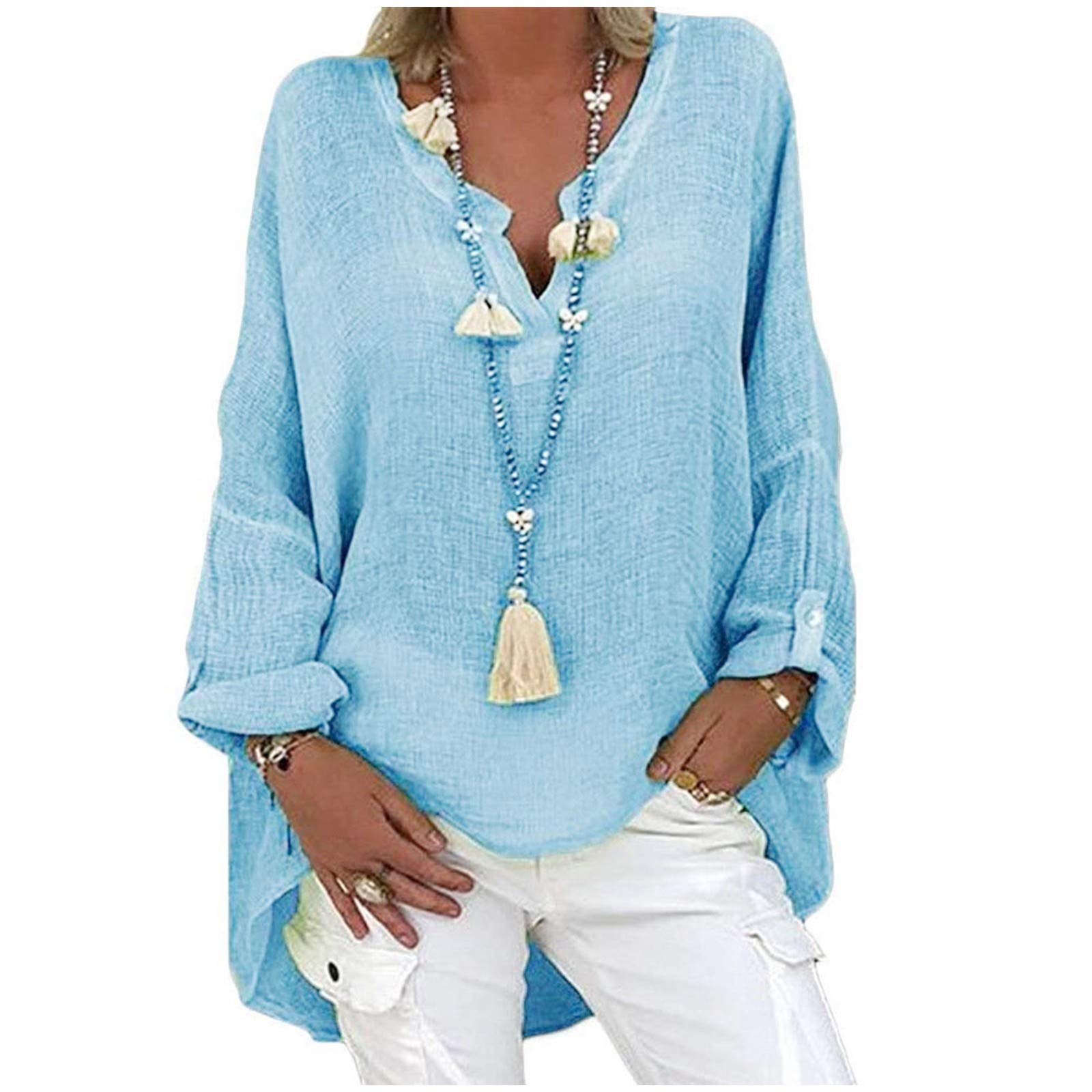 Camicetta Lunga Estiva Da Donna, Blu, Con Scollo A V E Maniche Lunghe, Tessuto Morbido Traspirante, Stile Boho