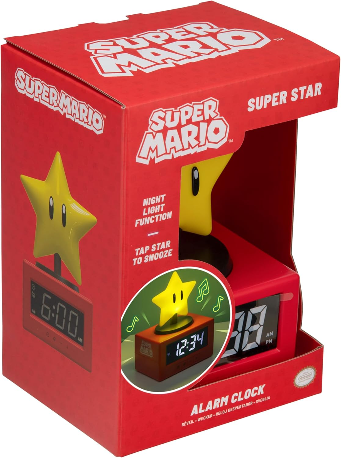 Paladone Super Mario Super Star Icon Alarm Clock with Night Light – Digital Alarm Clock, Tap-to-Snooze, Official Nintendo Merchandise
