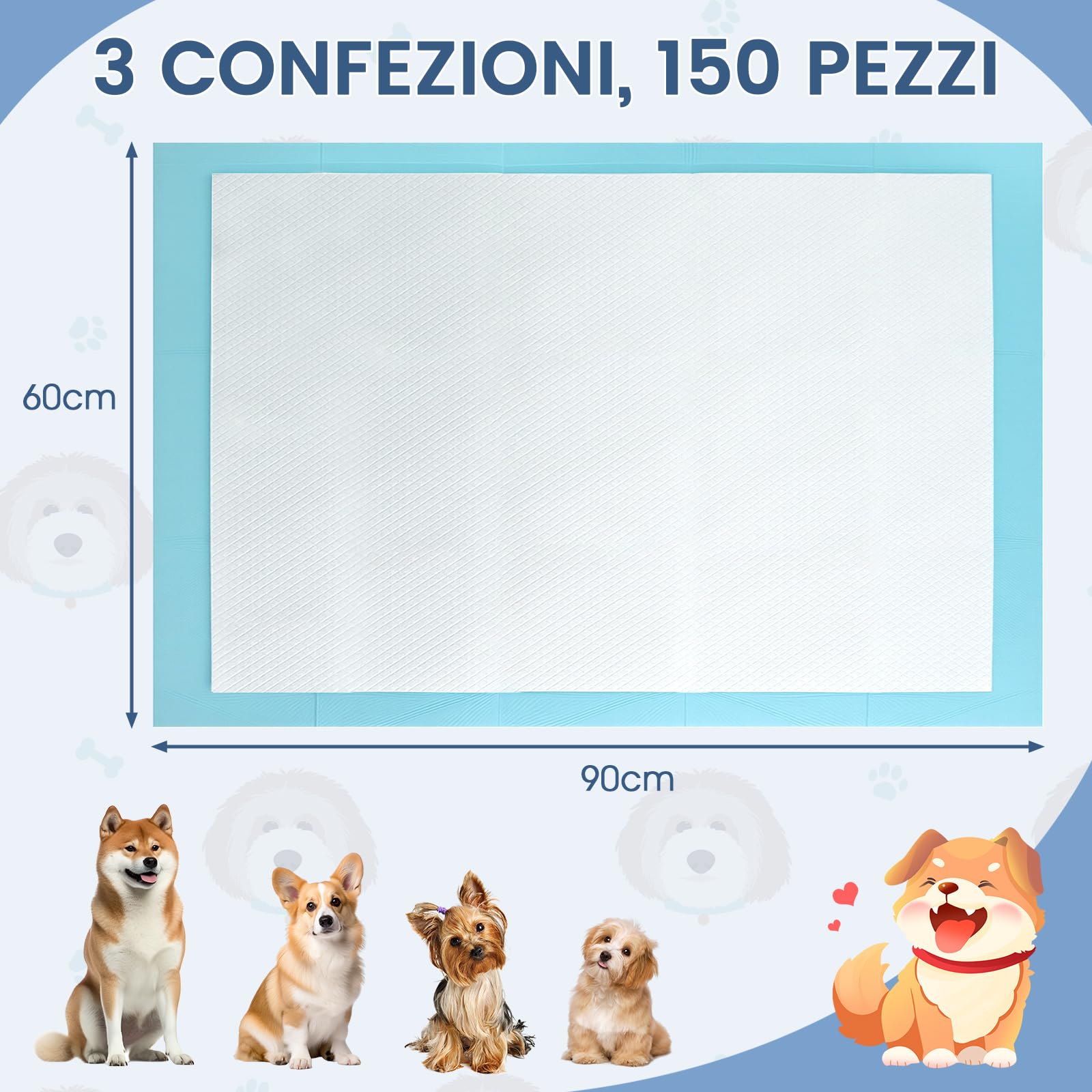 COSTWAY Tappetini Assorbenti per Cani, Tappetini da Interno ed Esterno per Animali Domestici a 6 Strati a Prova di Perdite, Asciugatura Rapida, Monouso per Urine, per Cagnolini (90 x 60 cm)