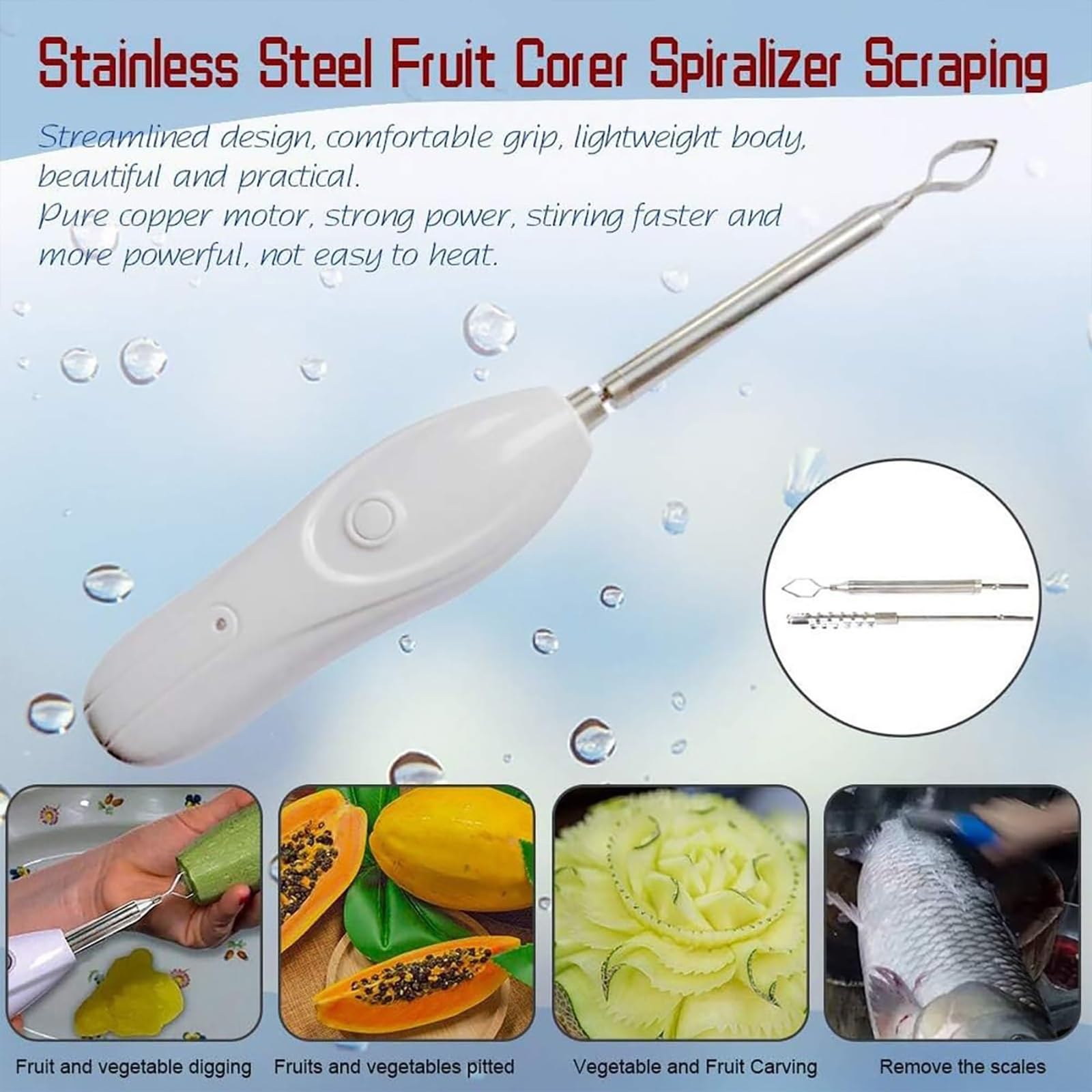 Descorazonador eléctrico de verduras y pescado, máquina de raspado inalámbrica con 2 cabezales de corte de acero inoxidable, descorazonador de frutas y calabacín para mariscos, pepino y frutas