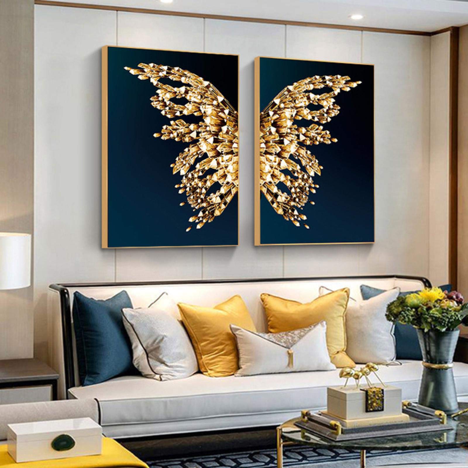 Yooyu Cuadro de lienzo de mariposa dorada, póster de pared de lujo, carteles de mariposas de lujo abstractos, decoración de habitación dorada negra, marco interno de 50x70x2cm