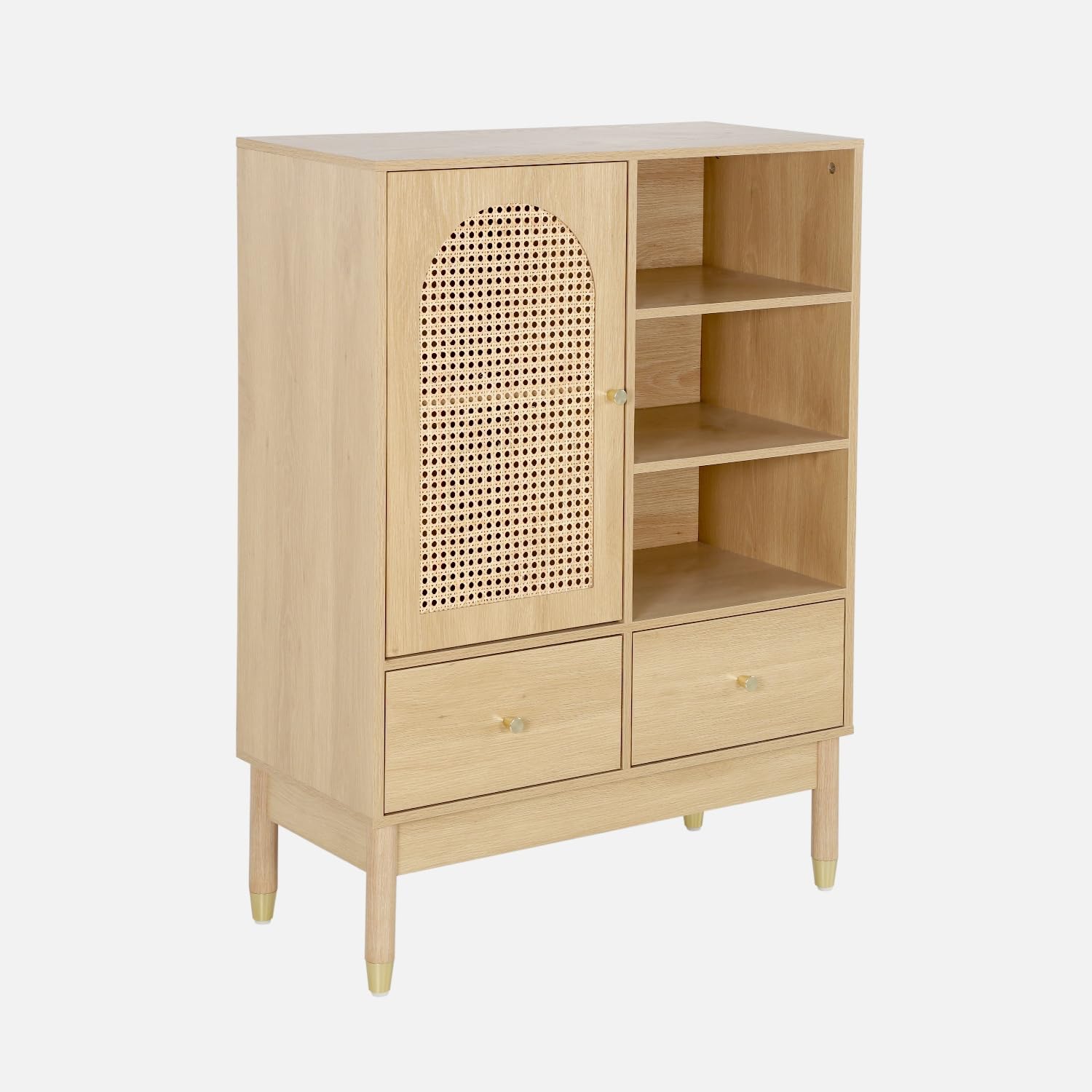 sweeek - Buffet décor Bois et cannage 1 Porte 2 tiroirs Teinte Naturelle - 75 x 35 x 100 cm - Judith