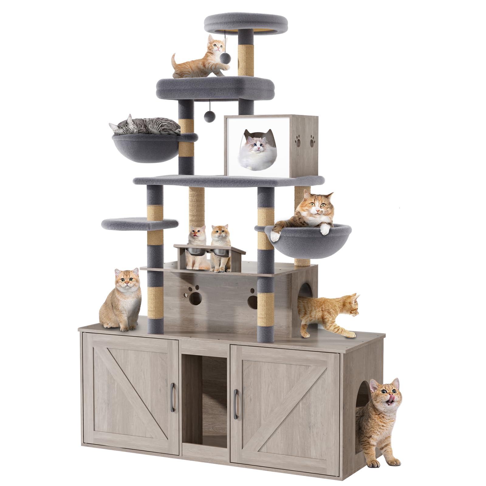 HavenlyYouth Cat Tree with 2 Litter Box Enclosures, All-in-One Cat Tower, Cat Condo with Sisal Scratching Posts, Hammocks, Detachable Plush Ball,