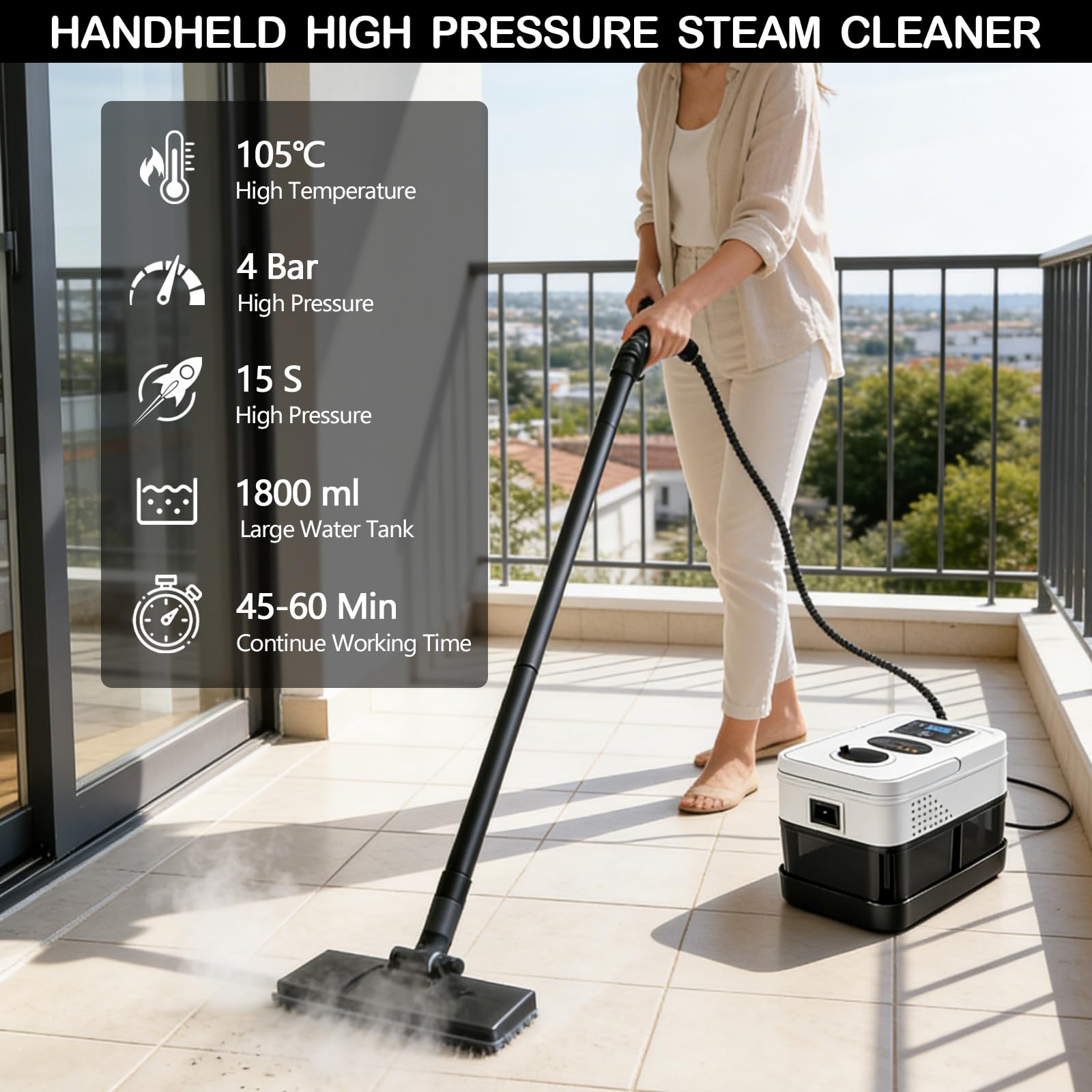 Limpiador a Vapor Portátil, 2500W Potente Limpiador a Vapor para el Hogar, 6 Velocidades Ajustables,19 Accesorios, Depósito de Agua de 1800 ml, Presión de 4 Bar, para Cocina, Ventanas, Pisos, Autos