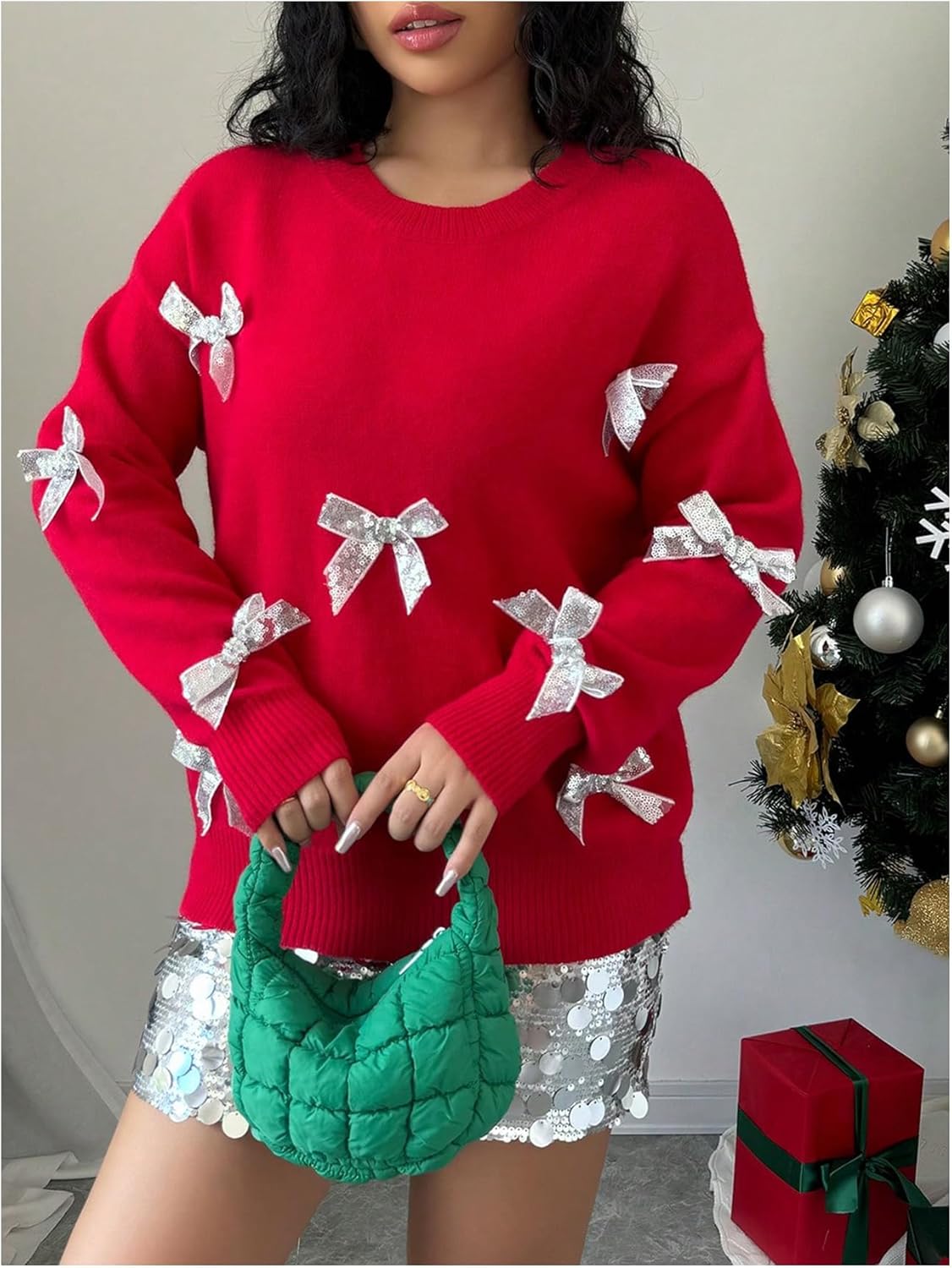 SweatyRocks Women's Cute Bow Crew Neck Loose Sweaters Casual Long Sleeve Knitted Pullovers Tops - Image 5