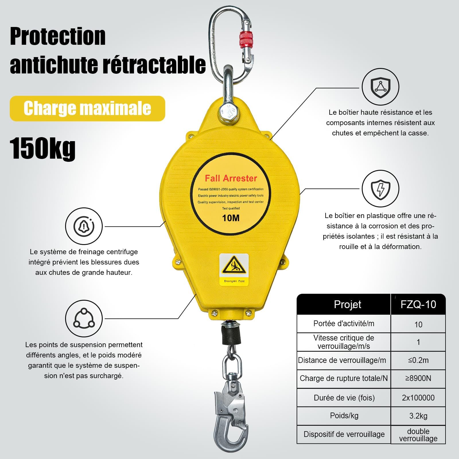 Stop Chute Automatique, Dispositif Antichute Automatique avec Mousqueton Rotatif, Stop Chute Toiture à Rappel Automatique Adapté aux Travaux en Hauteur et à l'Escalade(Giallo,10m)