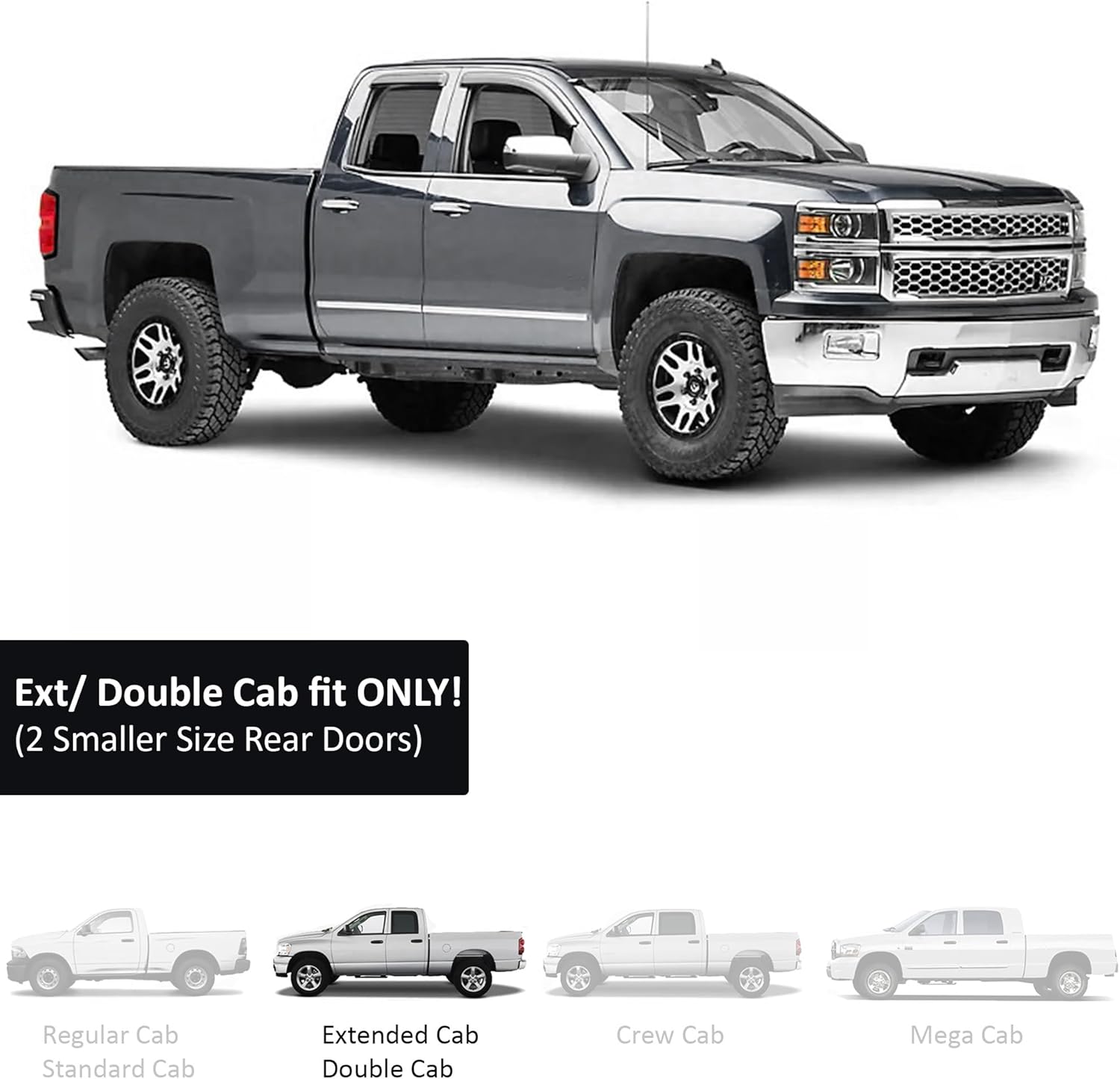 Black Horse Outside Mount Smoke 4 PC Rain Guards Window Visor Sun Deflector Compatible with 2014-2018 Silverado/Sierra 1500 Double Cab|2015-2019 Silverado/Sierra 2500/3500 HD Double Cab-CHSLDC-14