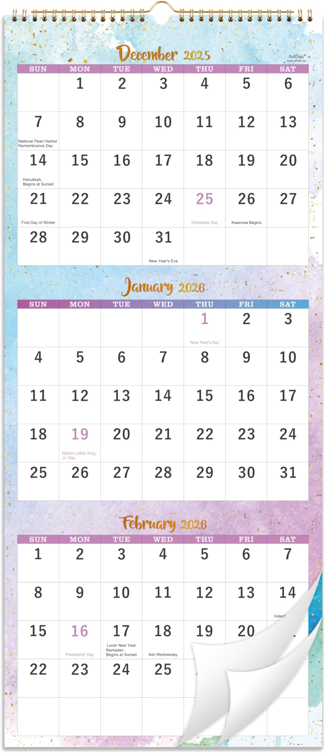 2026 Calendar - 3 Month Wall Calendar 2026 Display (Folded in a Month), Jan. 2026 - Dec. 2026, 11" x 26", 2026 Wall Calendar, 3 Month Calendar 2026, Large, Vertical, Thick Paper, For Office or Home
