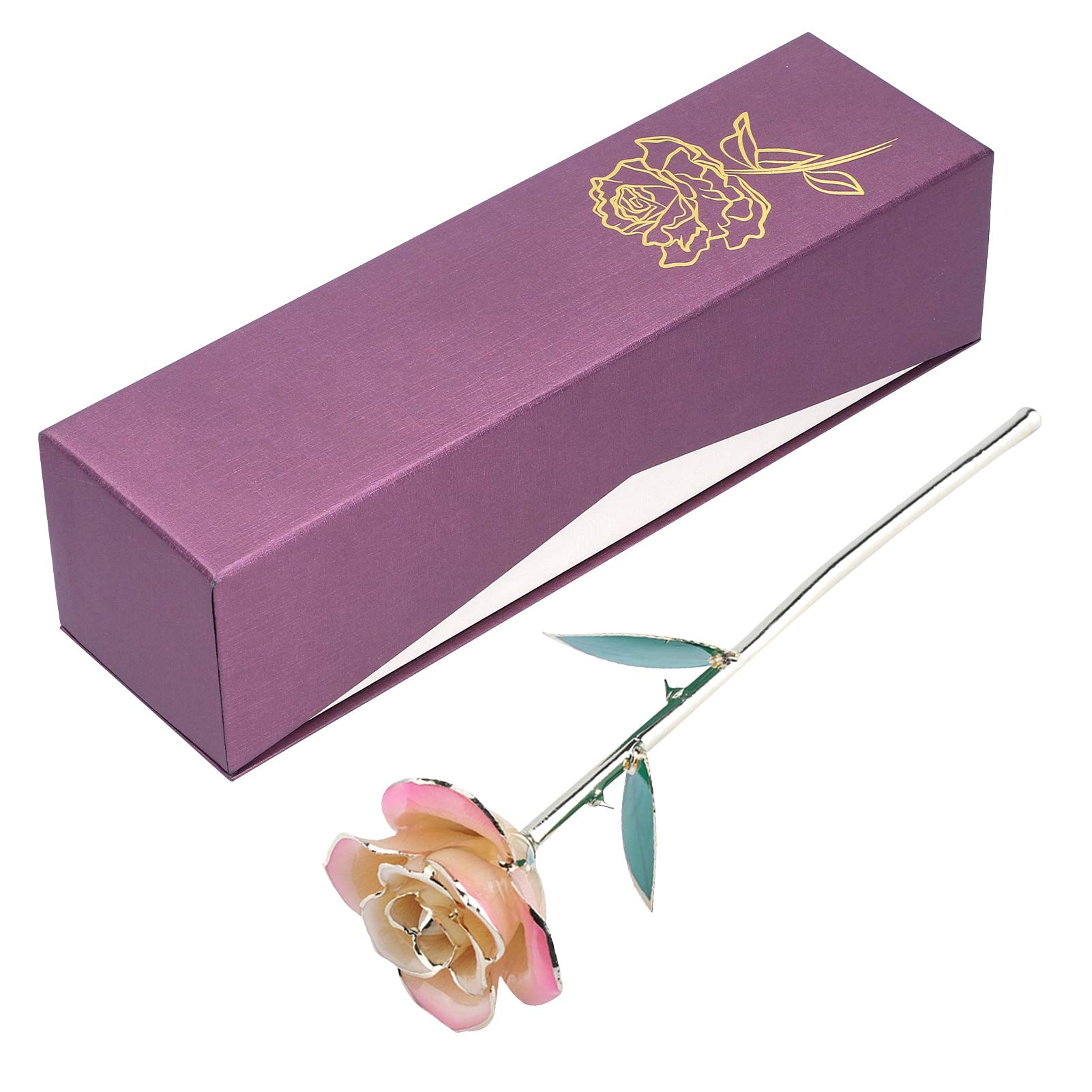 Rosa Eterna Placcata Oro 24K, Rosa Bianca e Rosa con Foglie Verdi e Base Regalo, Decorazione per San, Festa della Mamma, Matrimonio, Compleanno
