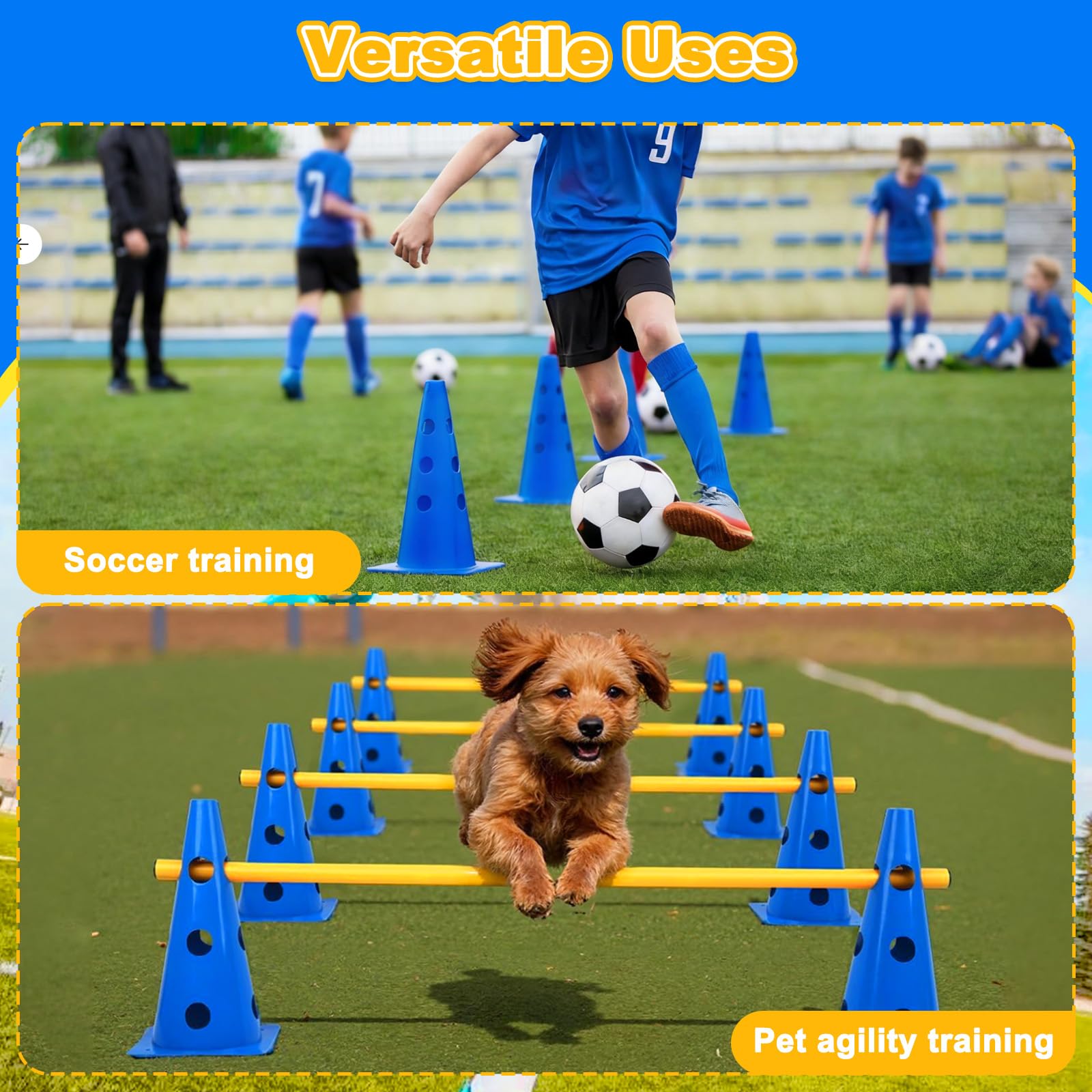 Hunde Agility Set mit mit 8 Kegel + 4 80cm Slalomstangen, Einstellbare Agility Koordinationstraining Erziehungshilfen, Steckhürden Kegel Trainingshürden für Fußball Hundesport, Pferdesport