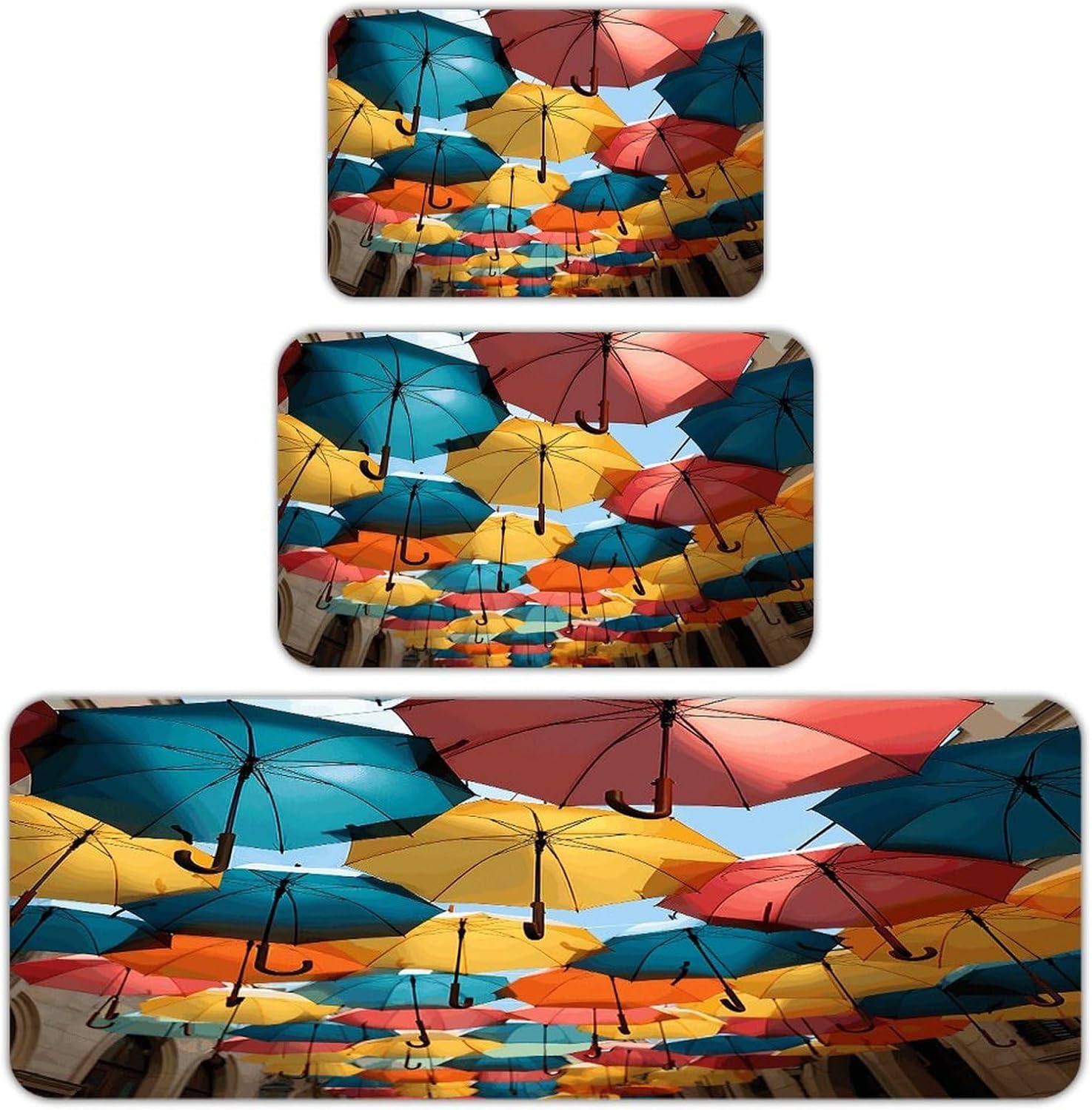 Colored Umbrellas Kitchen Rugs Sets of 3 Washable Non Slip Kitchen Rug Water Resistant Carpet Piece Anti Fatigue Kitchen Mats Soft Comfort Standing Mat Modern Area Rug