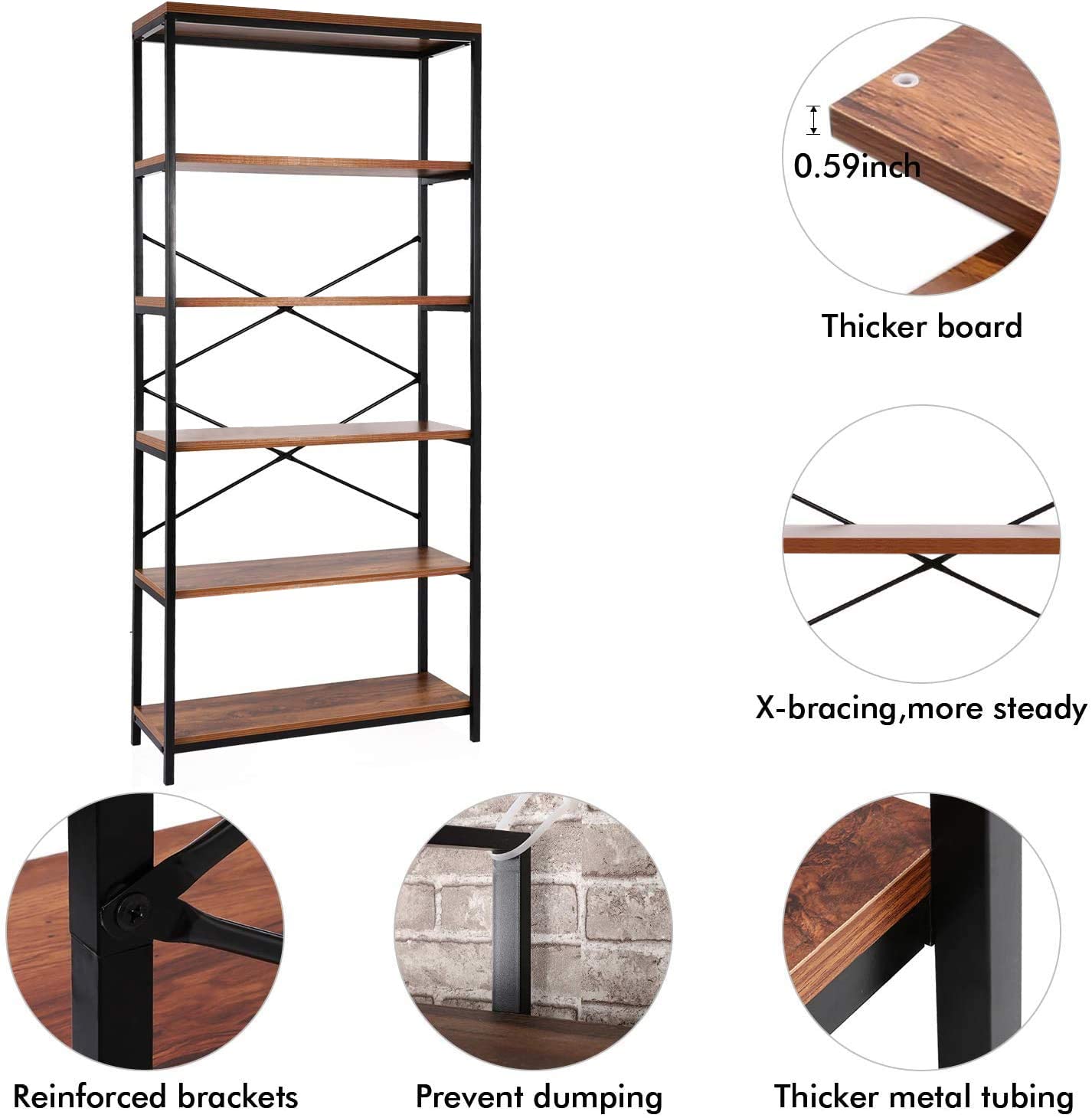 5 Tier Industrial Bookshelf, Vintage Standing Storage Shelf, Display