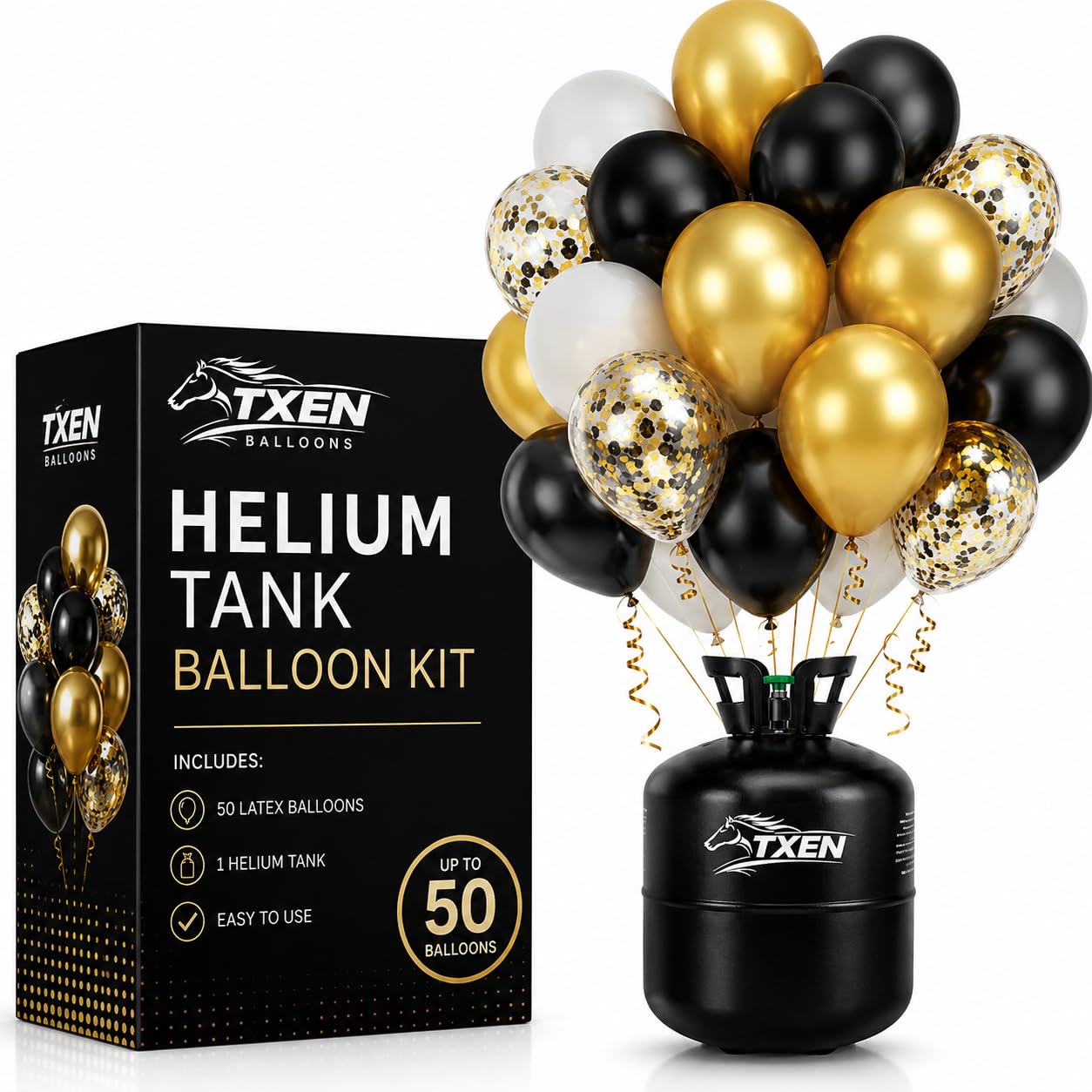 TXEN 13L Disposable Helium Gas Canister, Fills 50 x 9-Inch Latex Balloons, Filled Helium Balloon Gas Cylinder for Party, Birthday & Wedding Decorations, Includes 50 Gold Balloons + 50 Extra Balloons