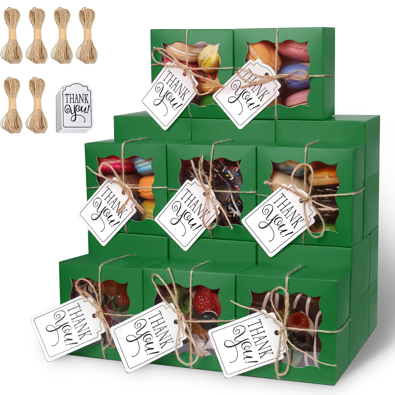 KPOSIYA 60 Pcs Green Bakery Boxes with Window Individual Cupcake Boxes 4x4x2.5 Inches Cookie Boxes Kraft Paper Green Gift Box for Pastries, Cookies,