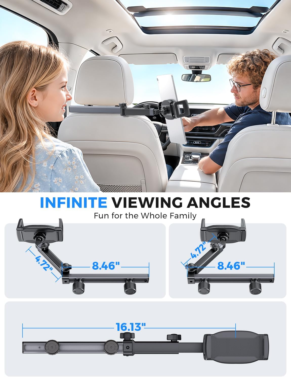 eSamcore iPad Holder for Car Backseat Kids, Headrest Tablet Car Mount | 3 in 1 Extension Arm, Dual 180° Fold, 360° Rotating, 1.57" Deep Clamp, Fits 5”-11.9” Phone & Tablets, Car Accessories for Mom