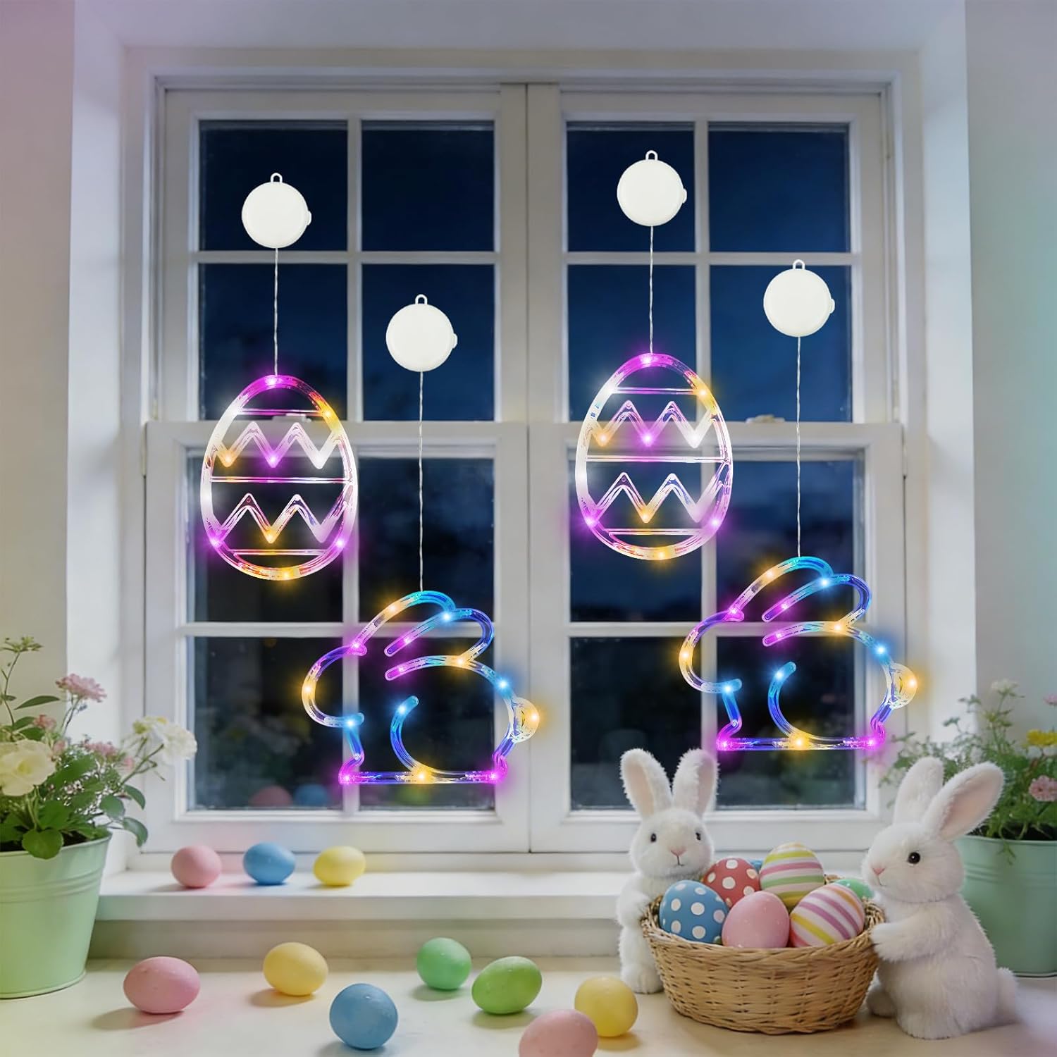 4 Pack & 3Pack Easter Window Lights, Multicolor Bunny and Egg Lights, Battery Operated Easter Window Decorations Light up with Suction Cup and Timer Function for Indoor Window Glass Wall Party Decor