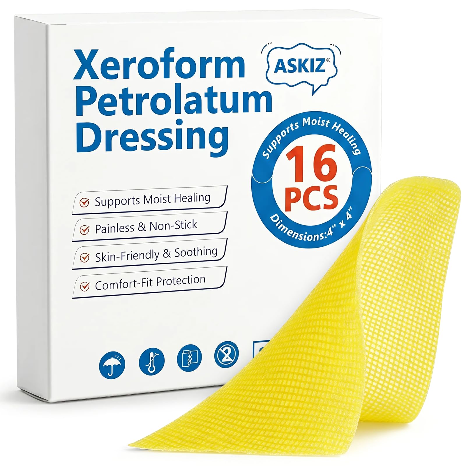 16 Pack Medical Xeroform Petrolatum Dressing Patch,4"x4"Non-Adherent Gauze Pads,Soft Fine Mesh Gauze Patch for Wound Care,Burns,Lacerations,Skin Grafts &amp; Surgical Incisions,Individual Packaged